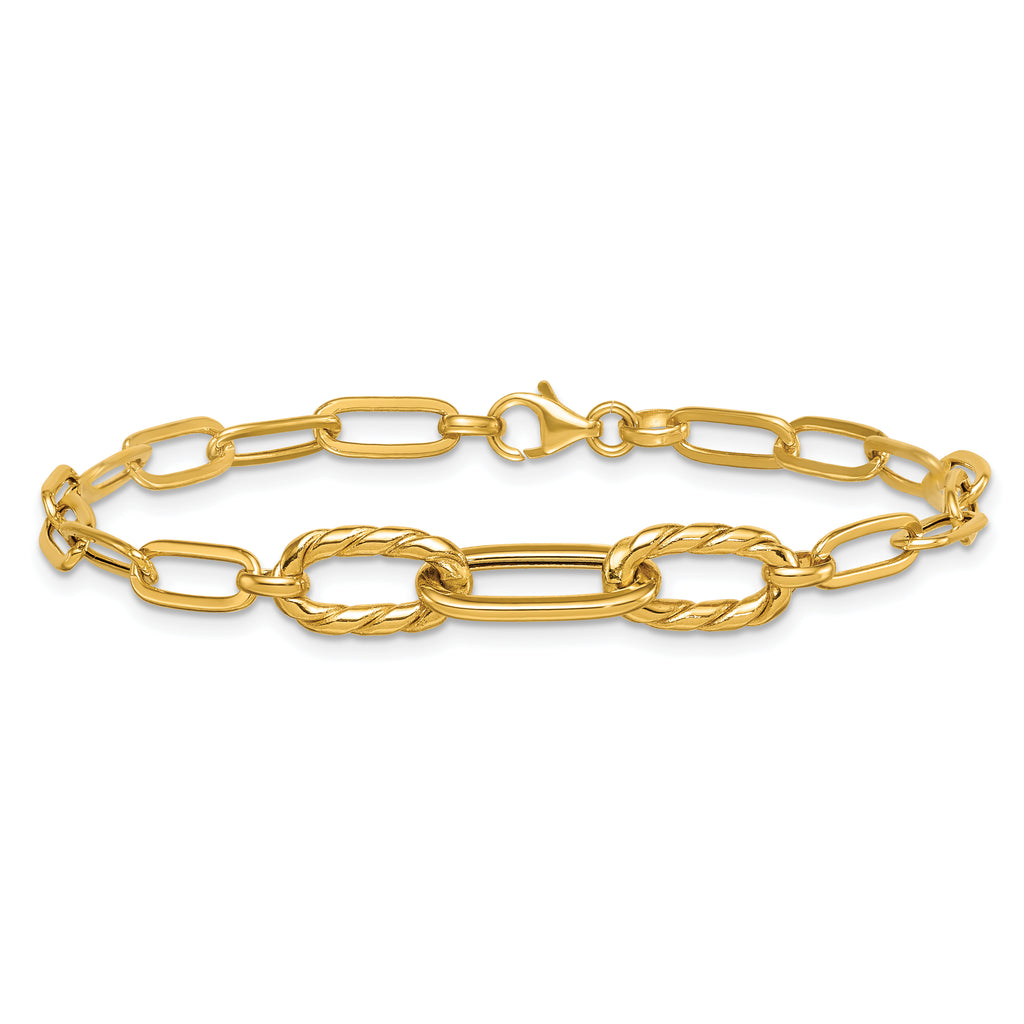 14K Polished Fancy Oval and Twisted Link 7.5 inch Paperclip Bracelet