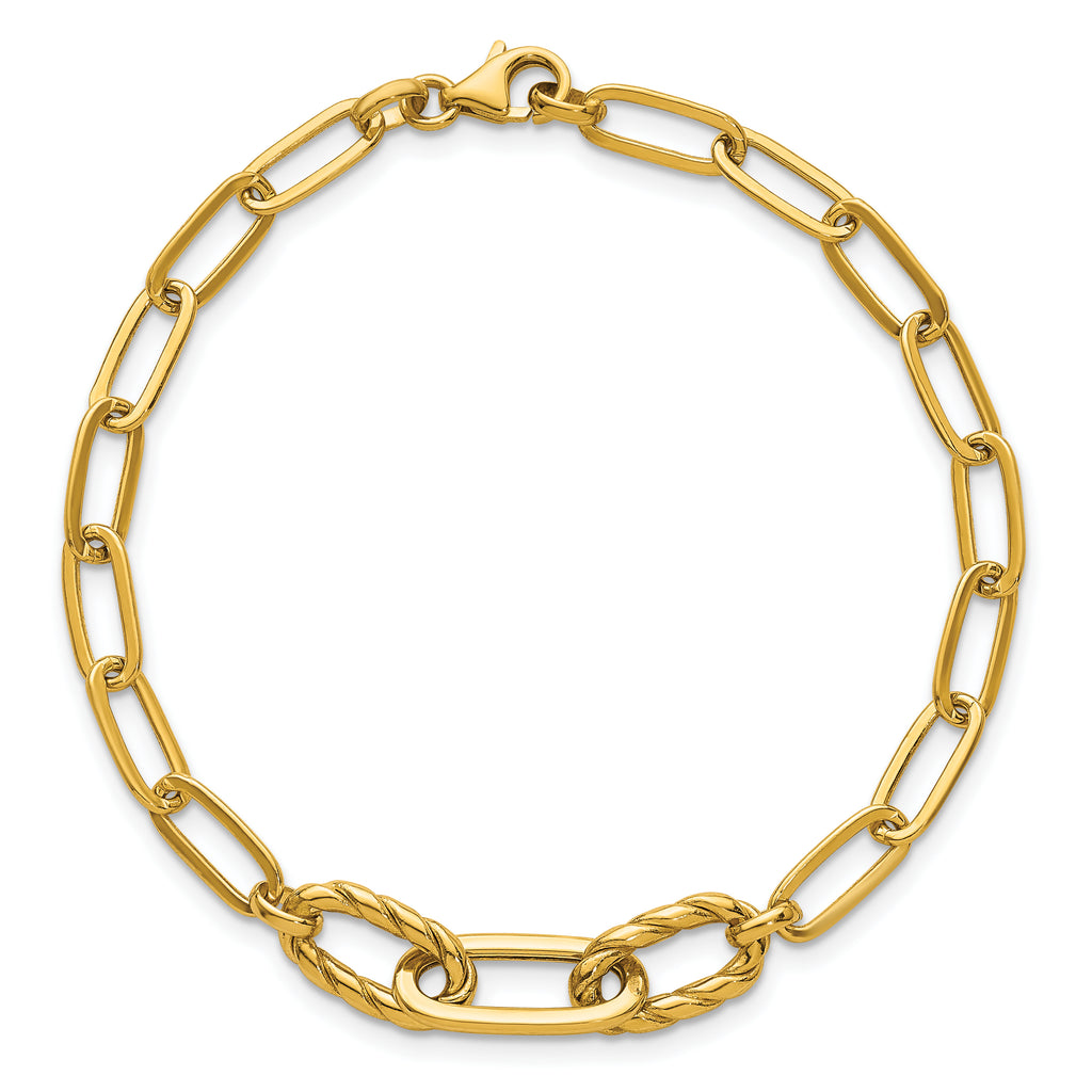 14K Polished Fancy Oval and Twisted Link 7.5 inch Paperclip Bracelet