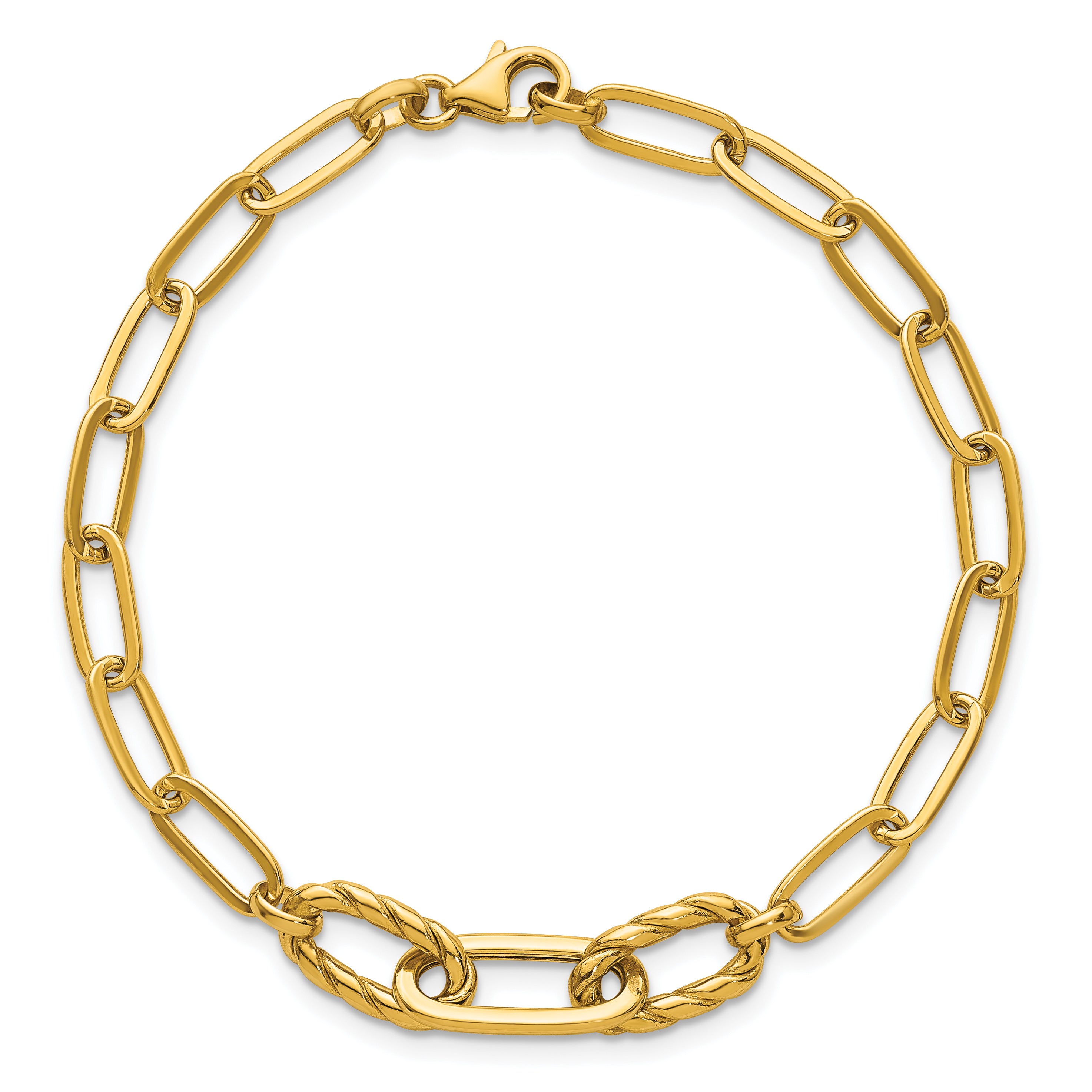 14K Polished Fancy Oval and Twisted Link 7.5 inch Paperclip Bracelet