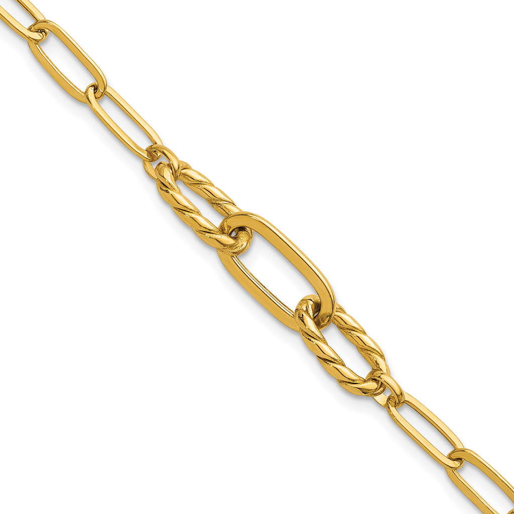 14K Polished Fancy Oval and Twisted Link 7.5 inch Paperclip Bracelet