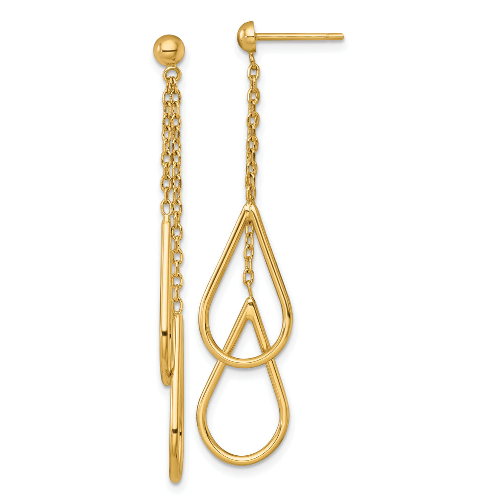 14k Polished Two Teardrops and Chain Dangle Post Earrings