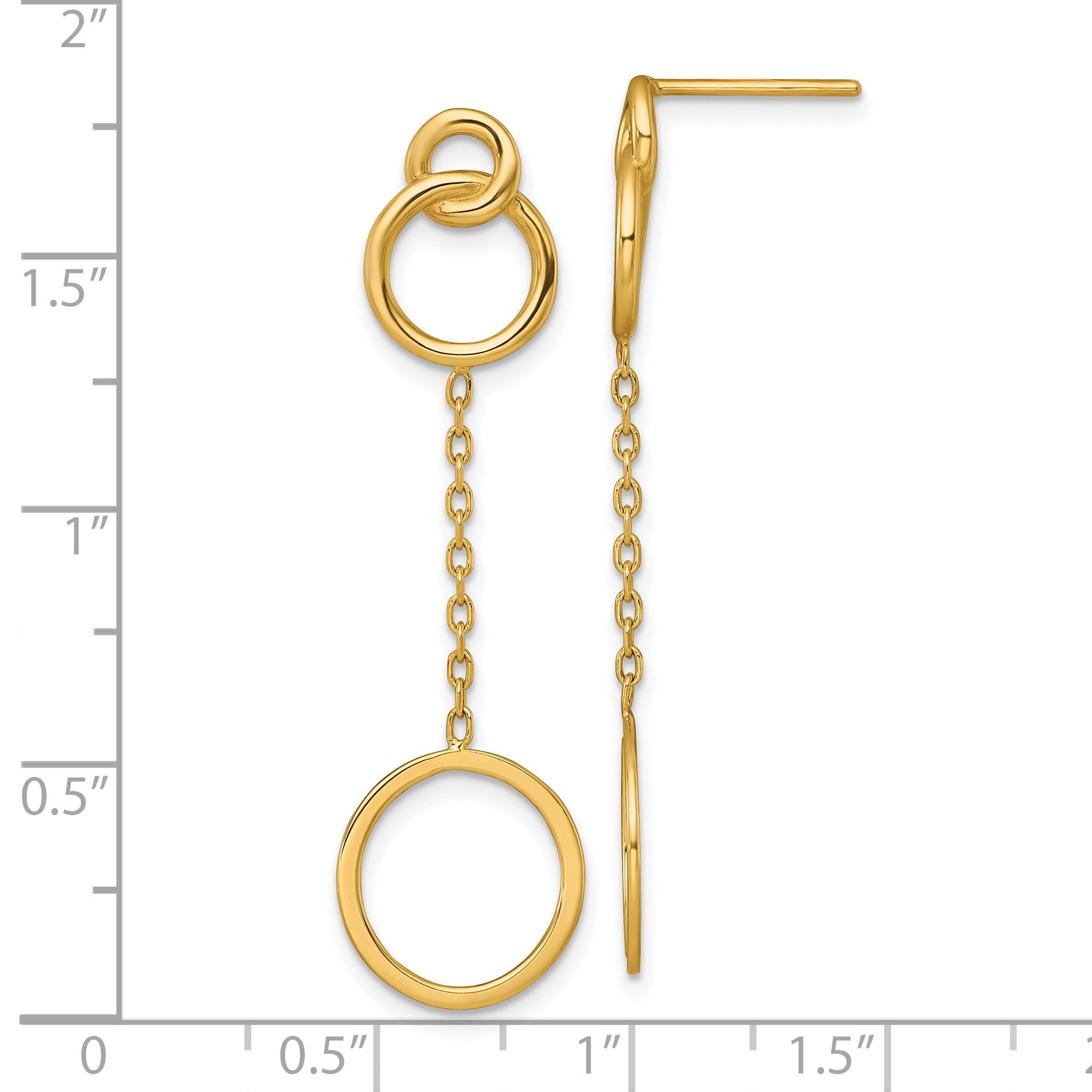 14k Polished 2 Circles and Chain Dangle Post Earrings