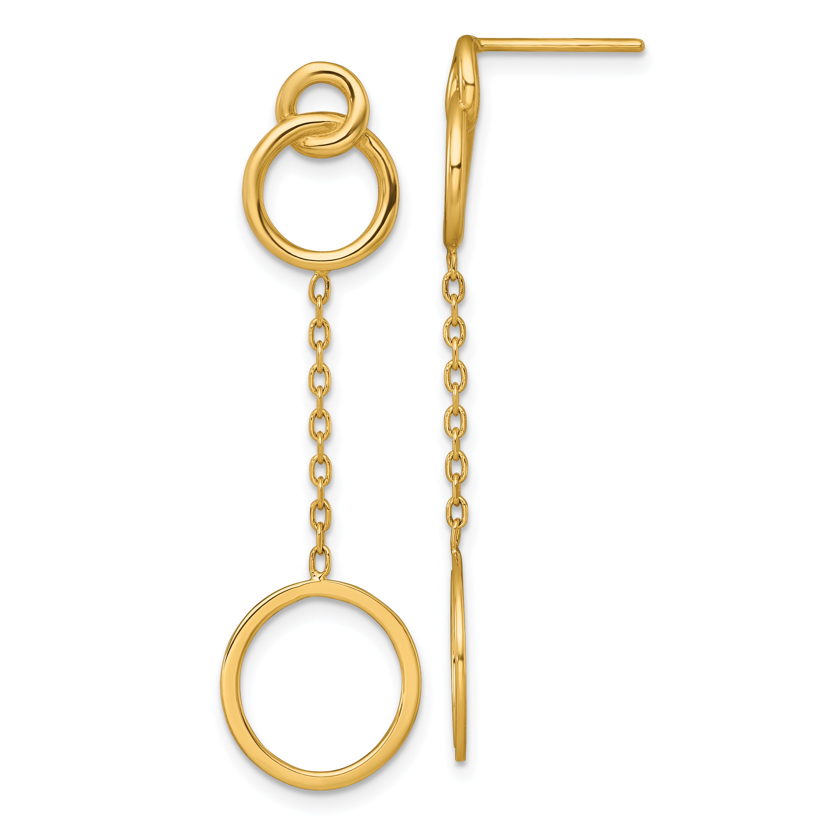 14k Polished 2 Circles and Chain Dangle Post Earrings