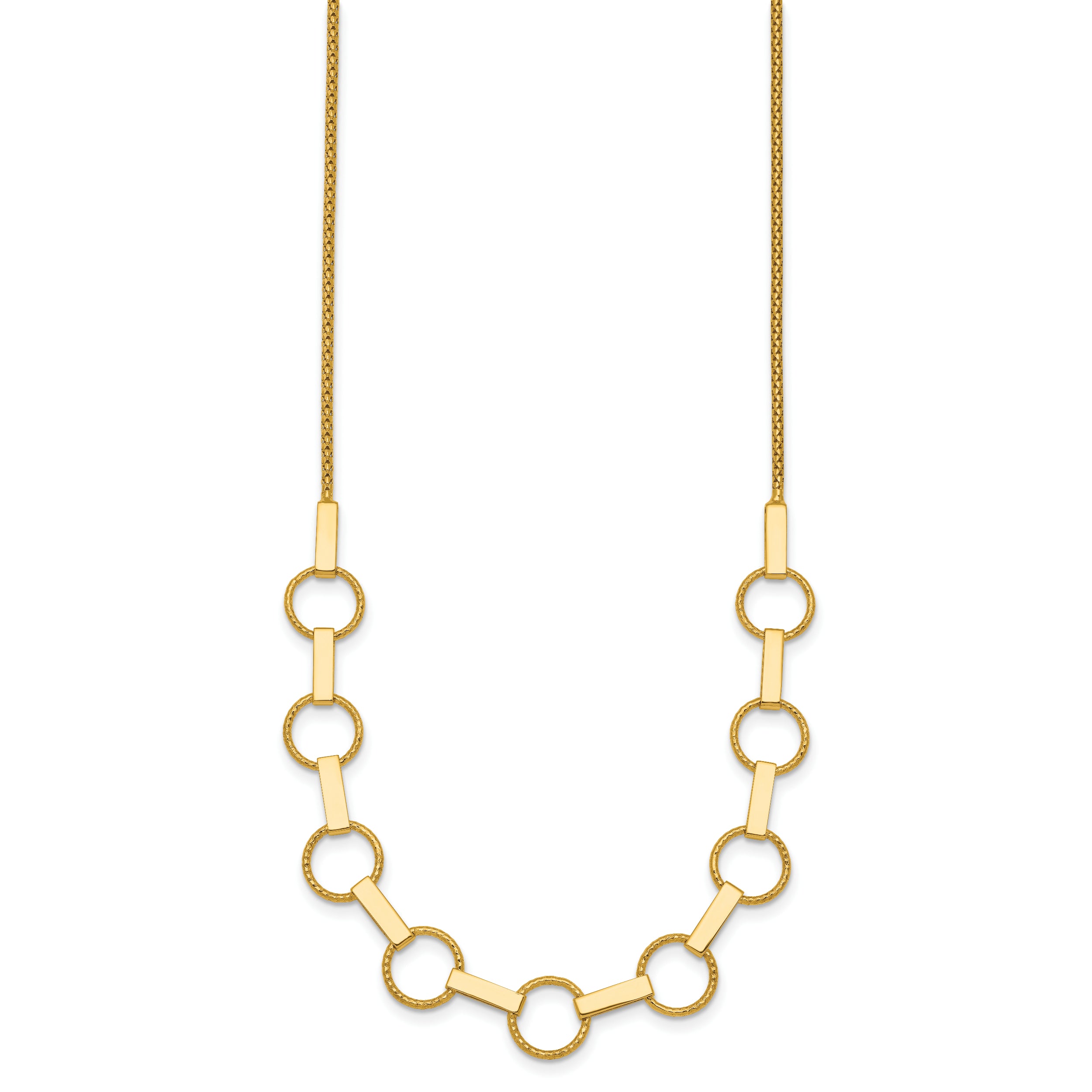 14K Polished and Textured Circles and Bars 17.5 inch Necklace