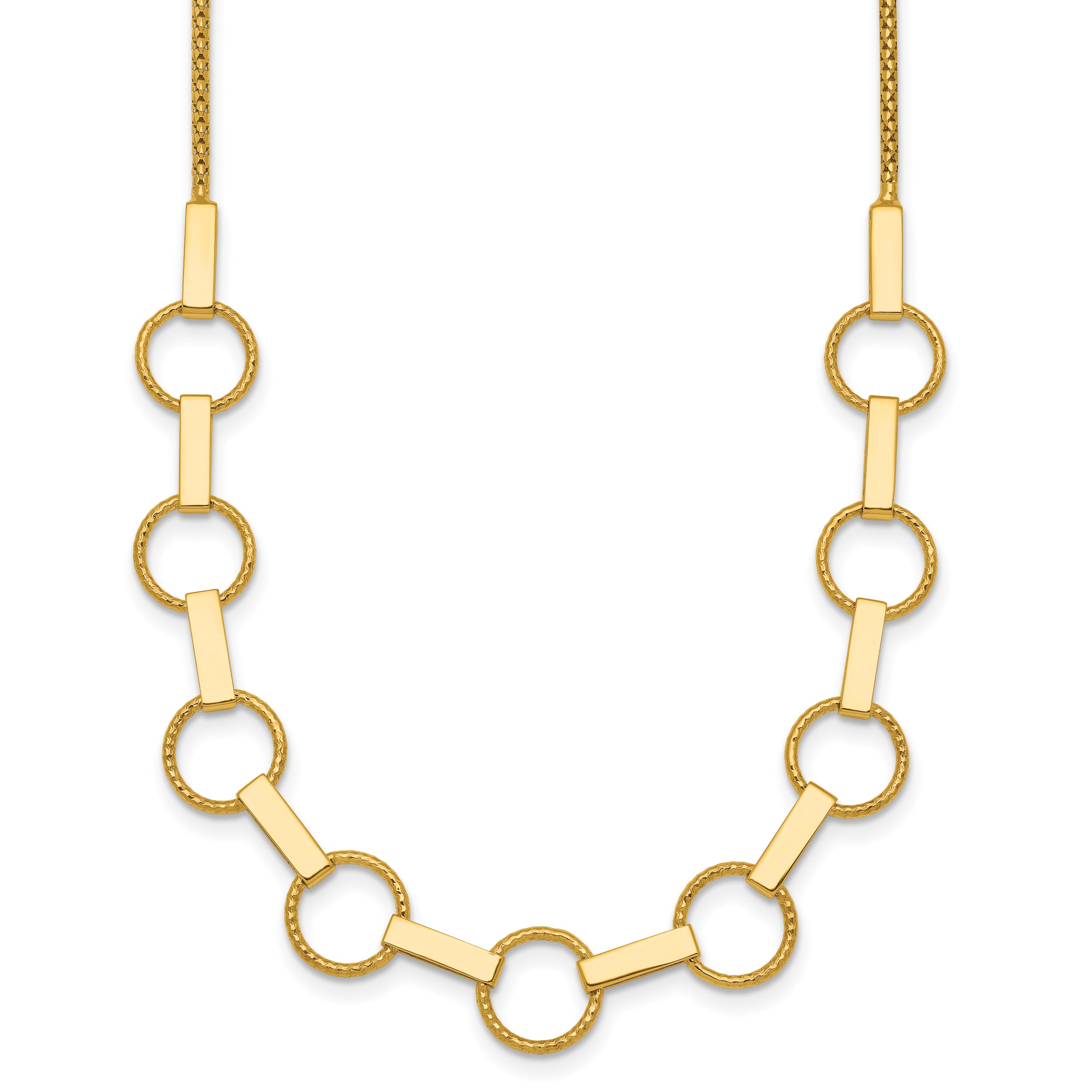 14K Polished and Textured Circles and Bars 17.5 inch Necklace