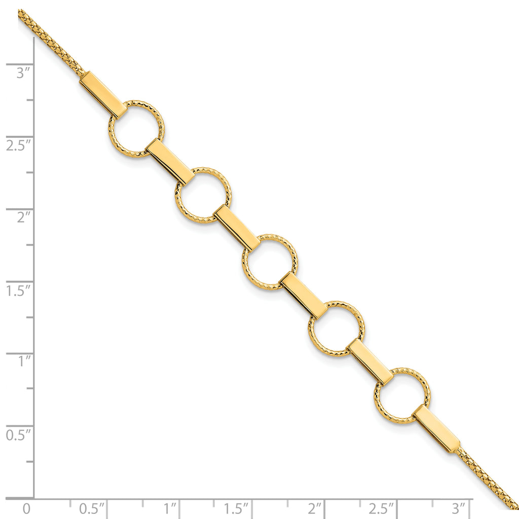 14K Polished and Textured Circles and Bars 7.5 inch Bracelet