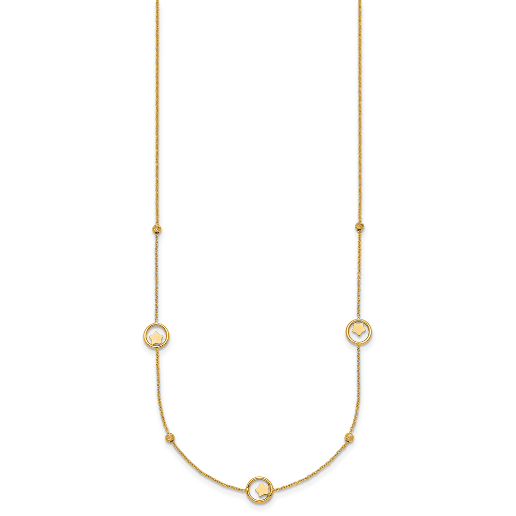14k Polished Stars in Circle with Diamond-cut Beads 7-Station 16.75 inch Necklace