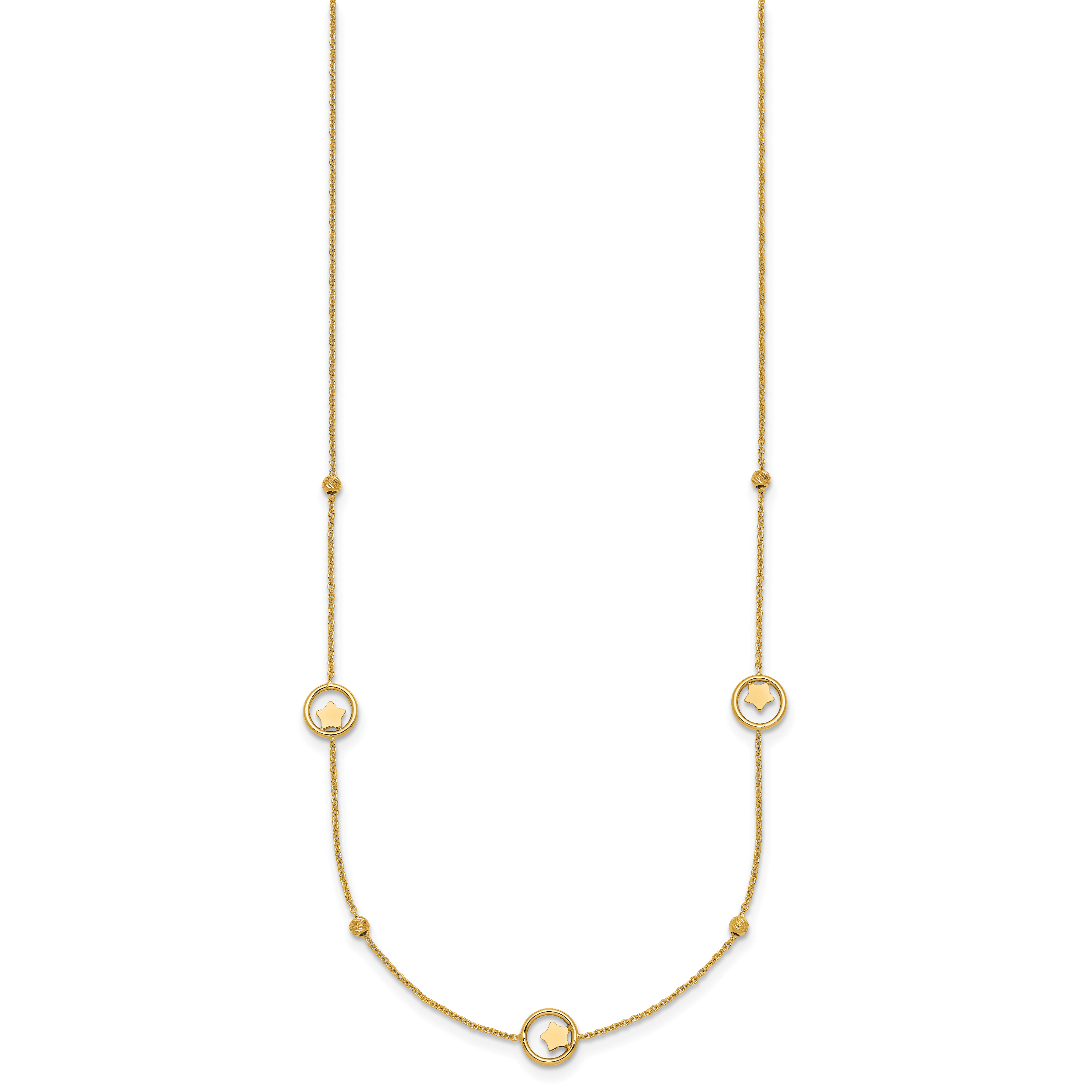 14k Polished Stars in Circle with Diamond-cut Beads 7-Station 16.75 inch Necklace