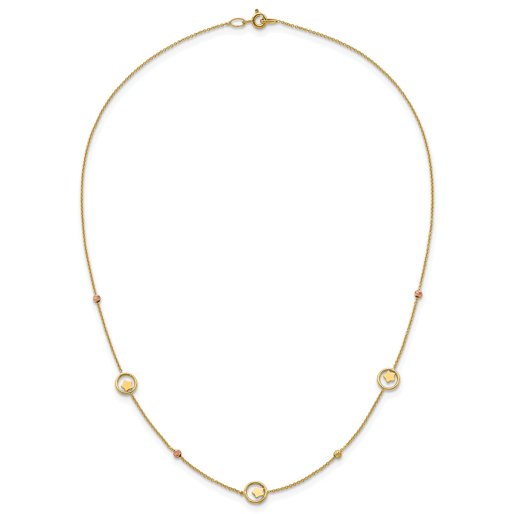 14k Polished Stars in Circle with Diamond-cut Beads 7-Station 16.75 inch Necklace