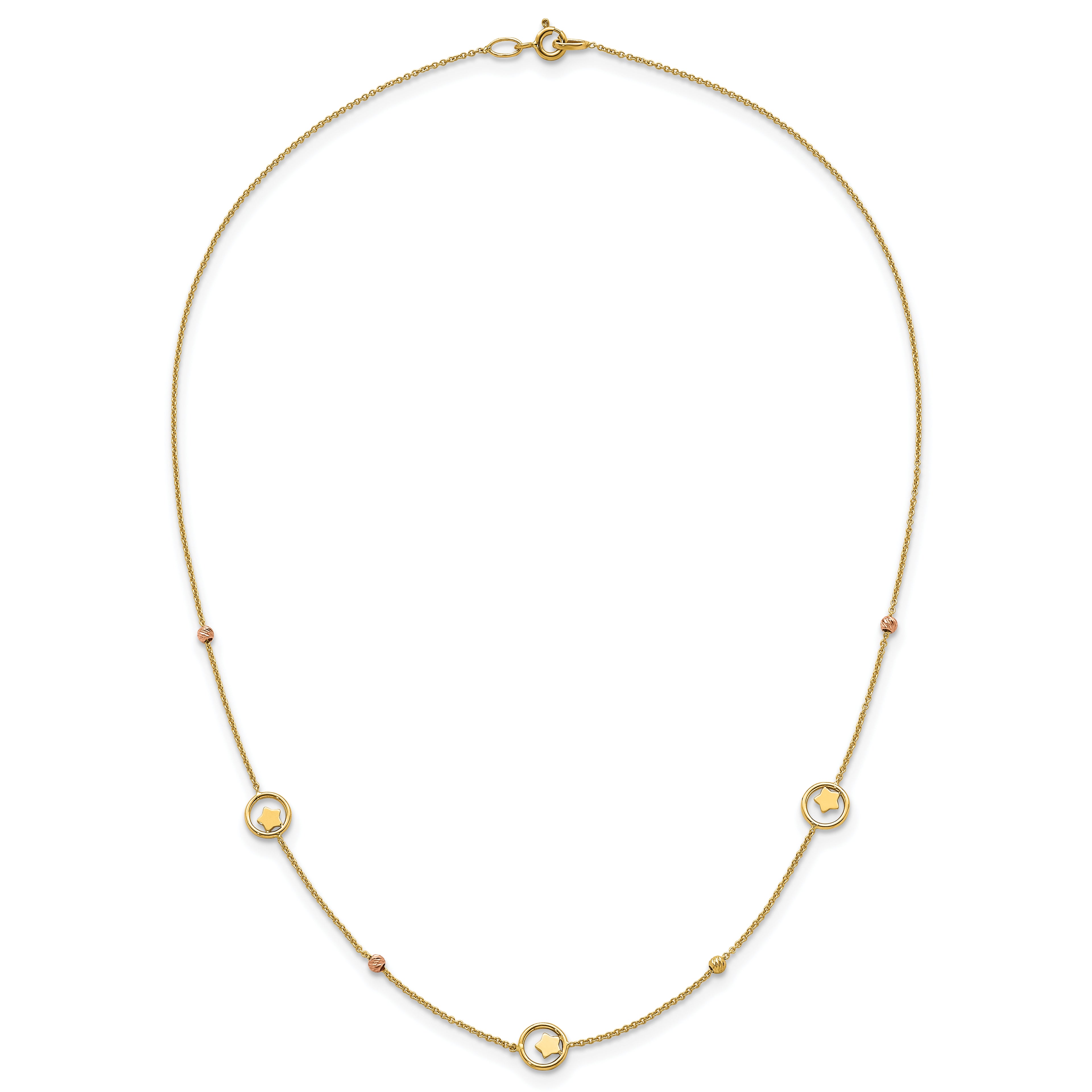 14k Polished Stars in Circle with Diamond-cut Beads 7-Station 16.75 inch Necklace