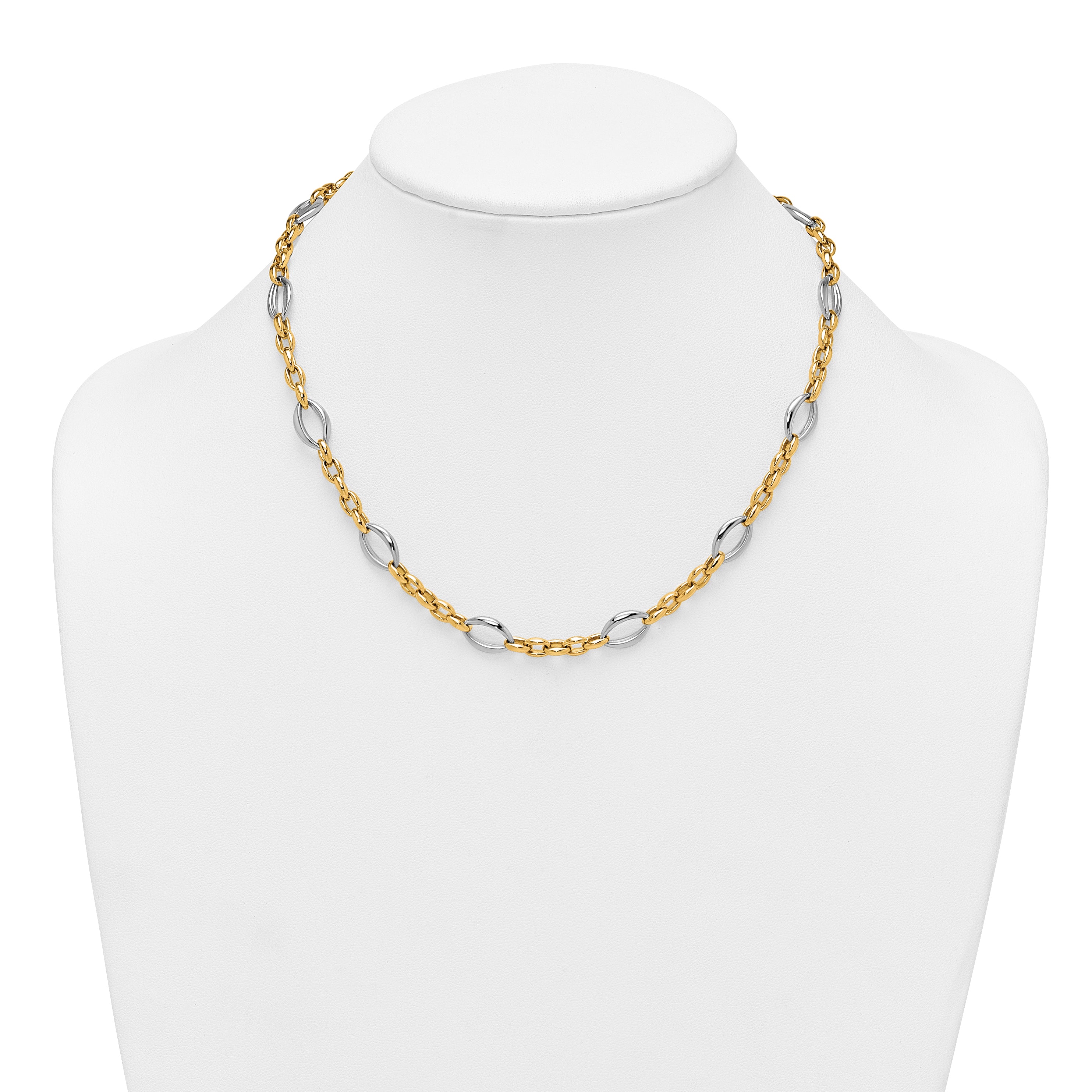 14k Two Tone Polished Oval and Cable Chain 18 inch Necklace