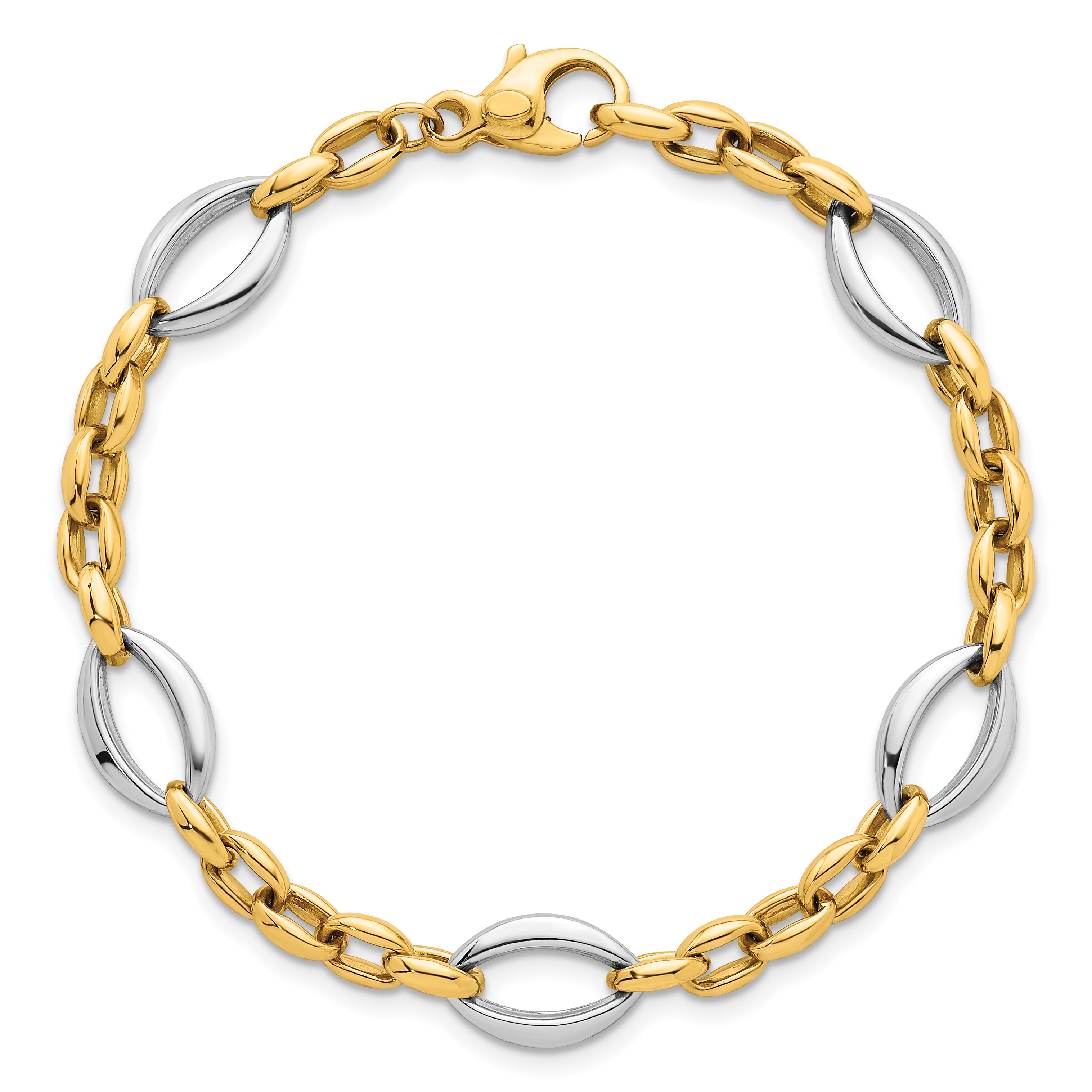 14k Two Tone Polished Oval and Cable Chain 7.25 inch Bracelet