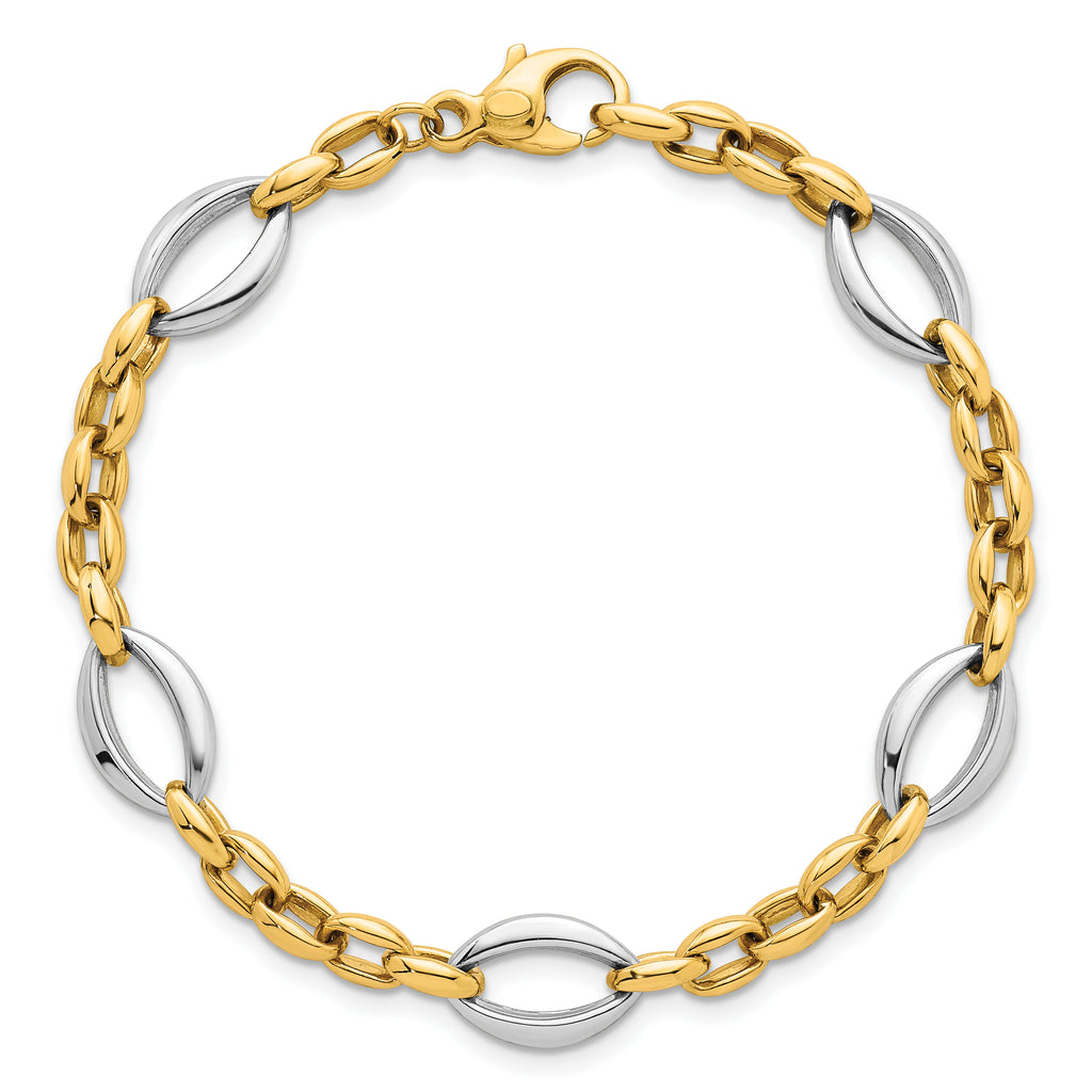 14k Two Tone Polished Oval and Cable Chain 7.25 inch Bracelet