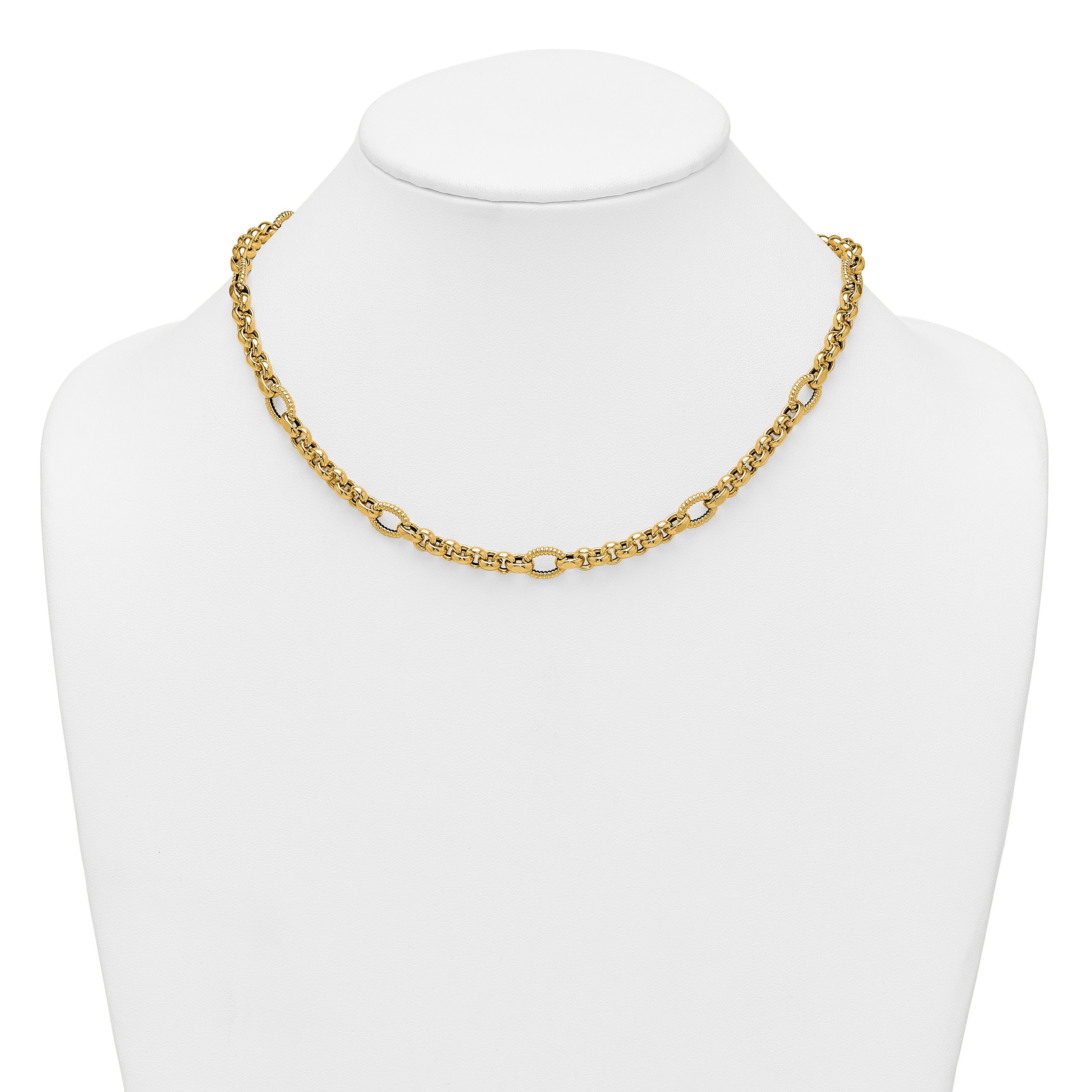 14k Polished and Textured Rolo and Oval Fancy Chain 18 inch Necklace