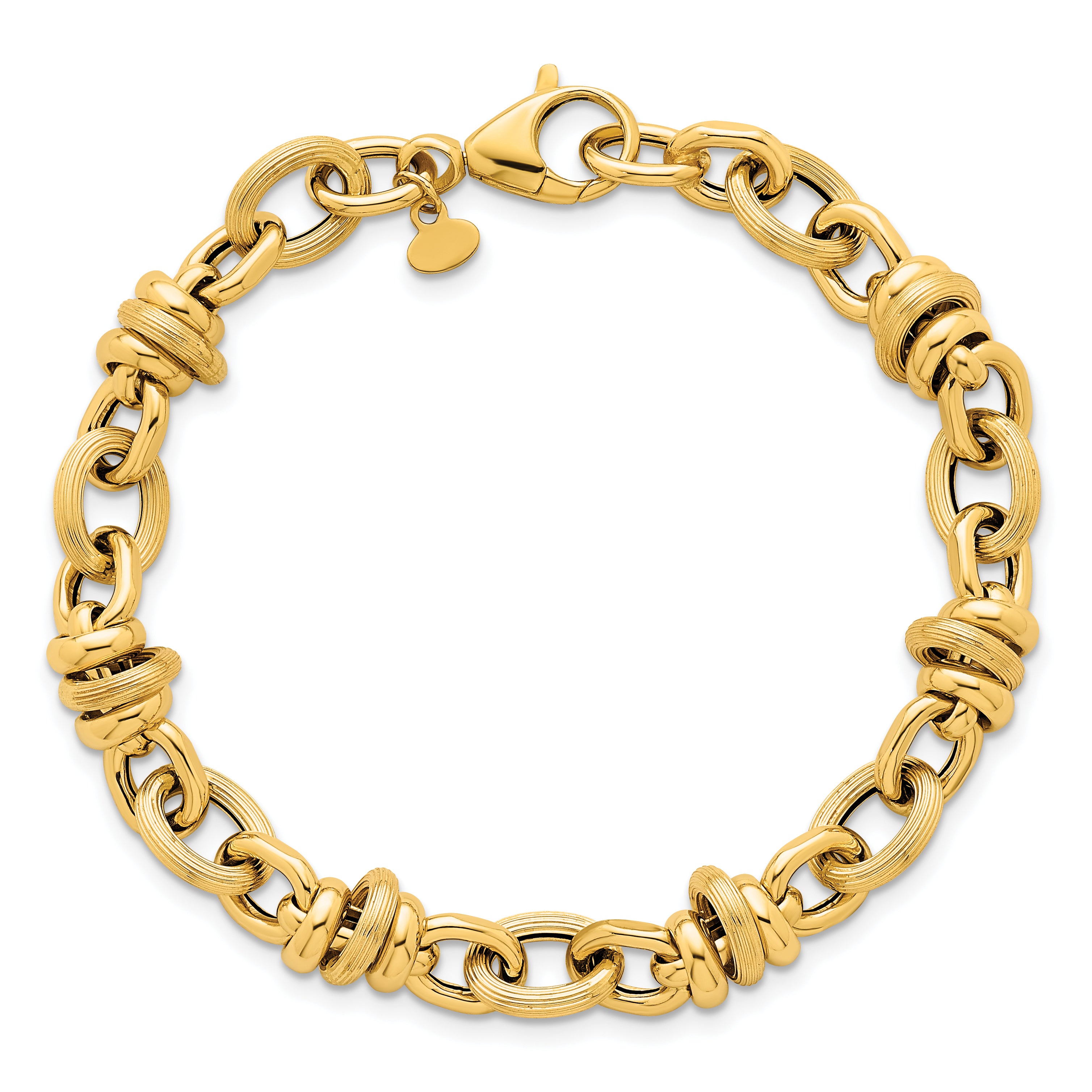 14k Polished and Textured Round and Oval Fancy Chain 7.5 inch Bracelet