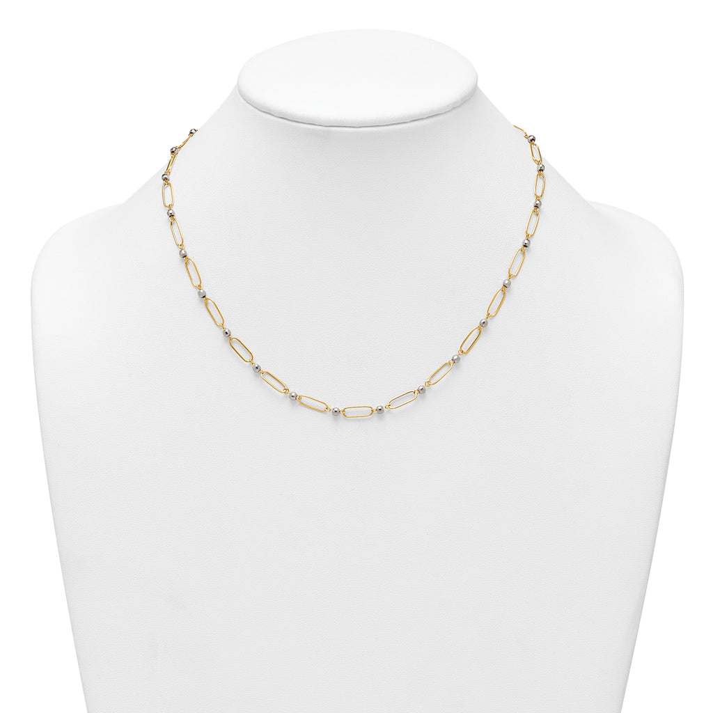 14k Two-tone Polished Paperclip Links and Faceted Beads 18 inch Necklace