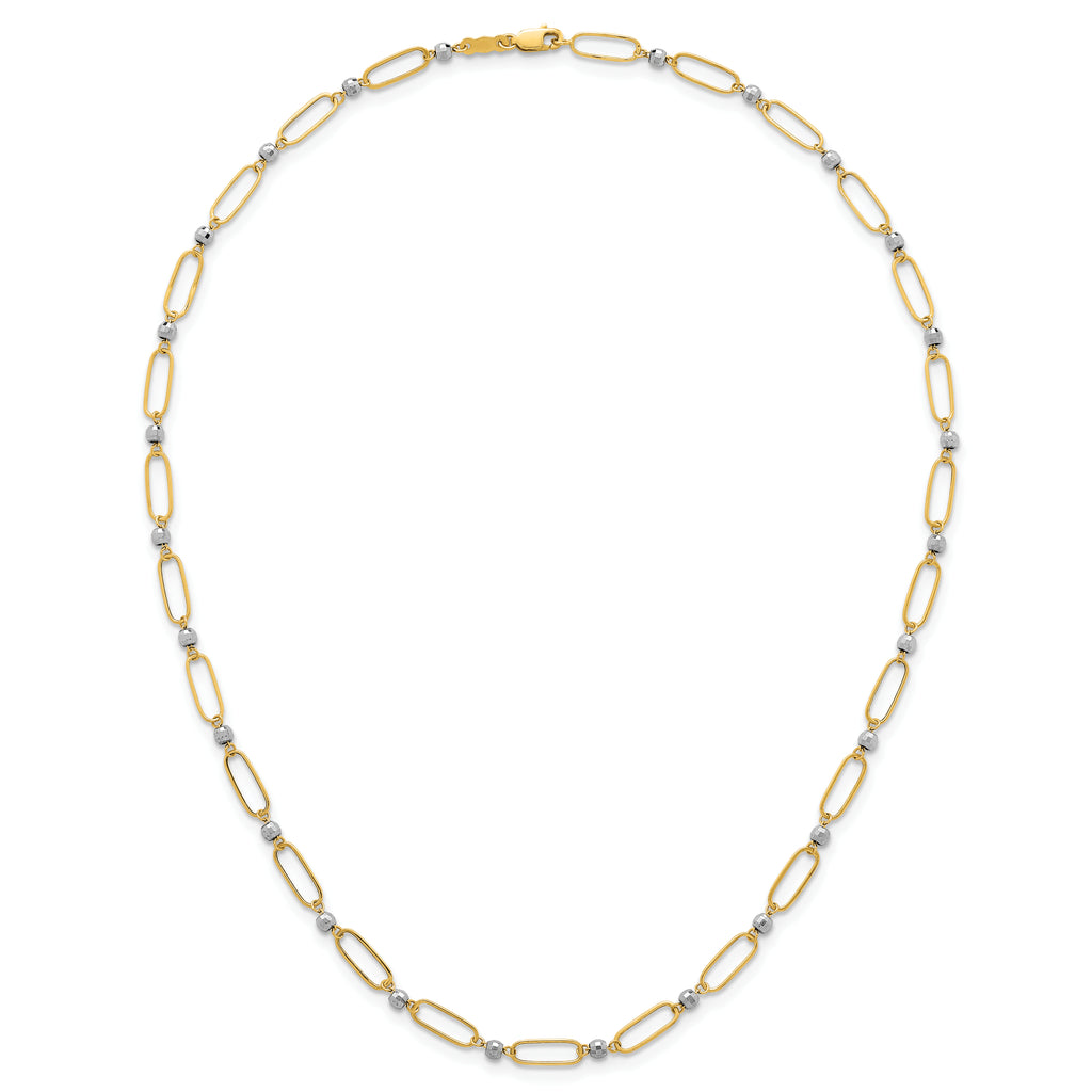 14k Two-tone Polished Paperclip Links and Faceted Beads 18 inch Necklace