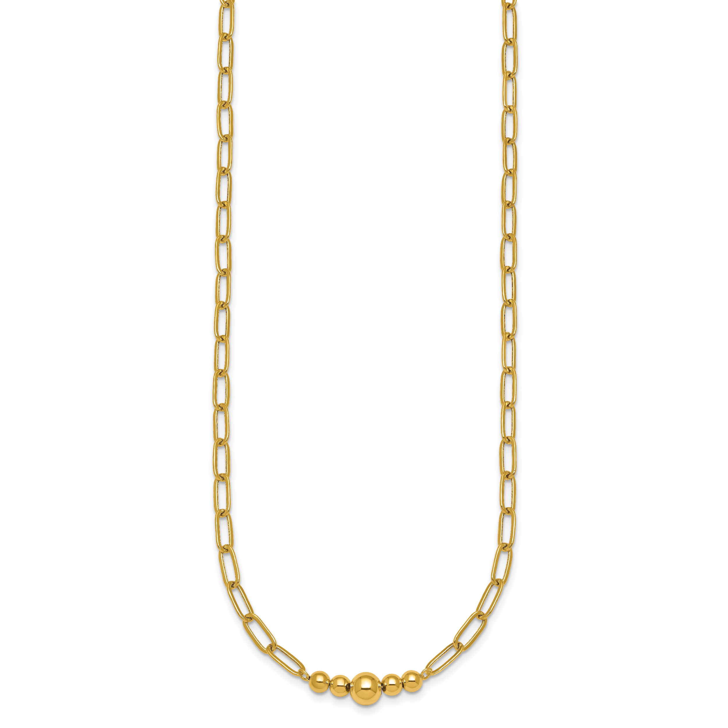 14K Polished Graduated Beads 18 inch Paperclip Link Necklace