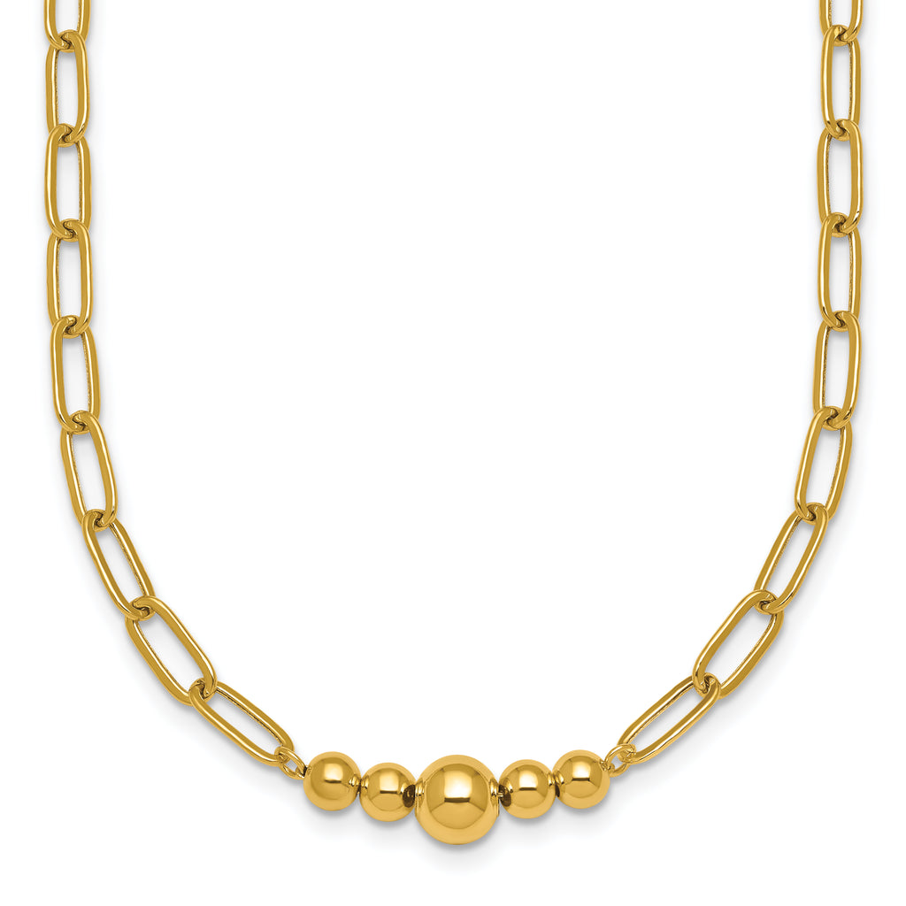 14K Polished Graduated Beads 18 inch Paperclip Link Necklace