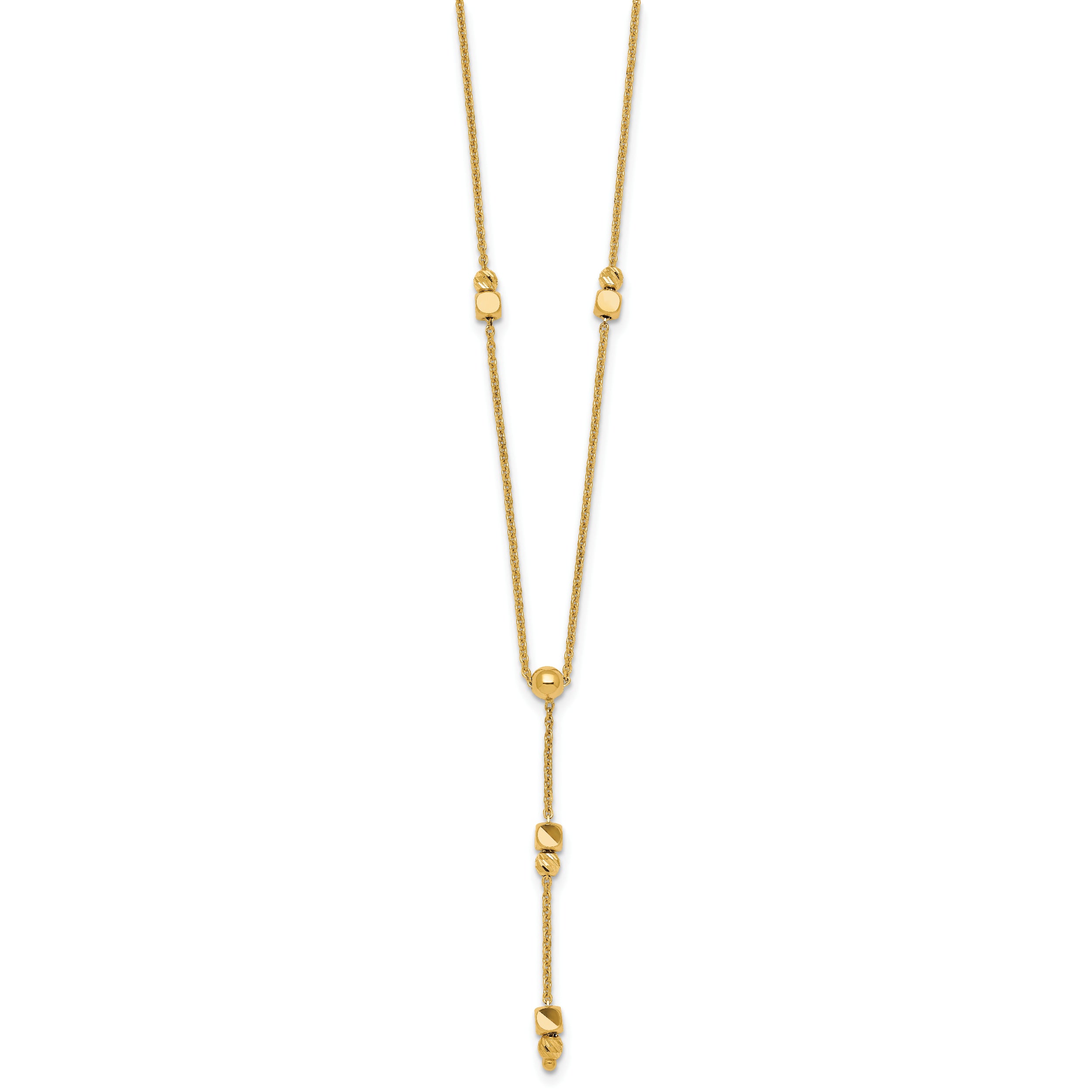 14K Polished Diamond-cut and Beaded 16 Inch Lariat Necklace Plus 2 Inch Extender