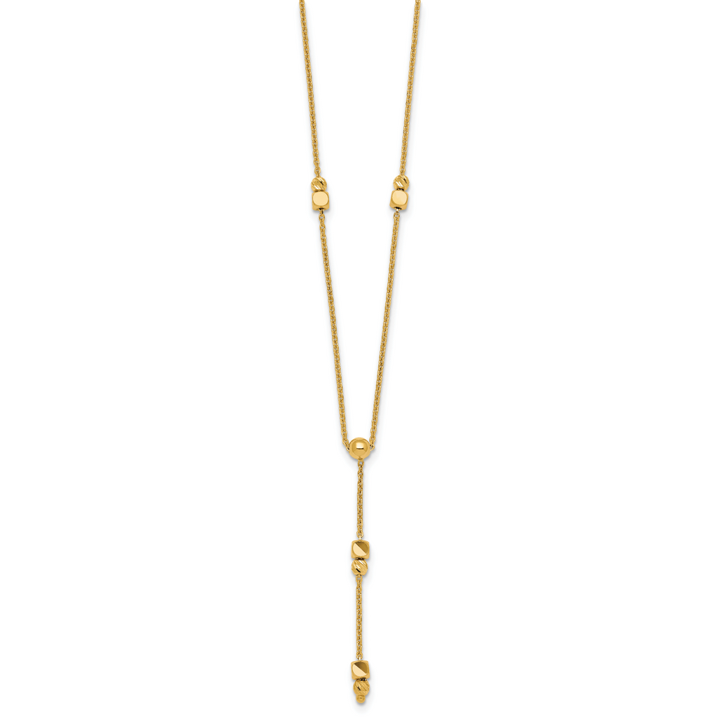 14K Polished Diamond-cut and Beaded 16 Inch Lariat Necklace Plus 2 Inch Extender