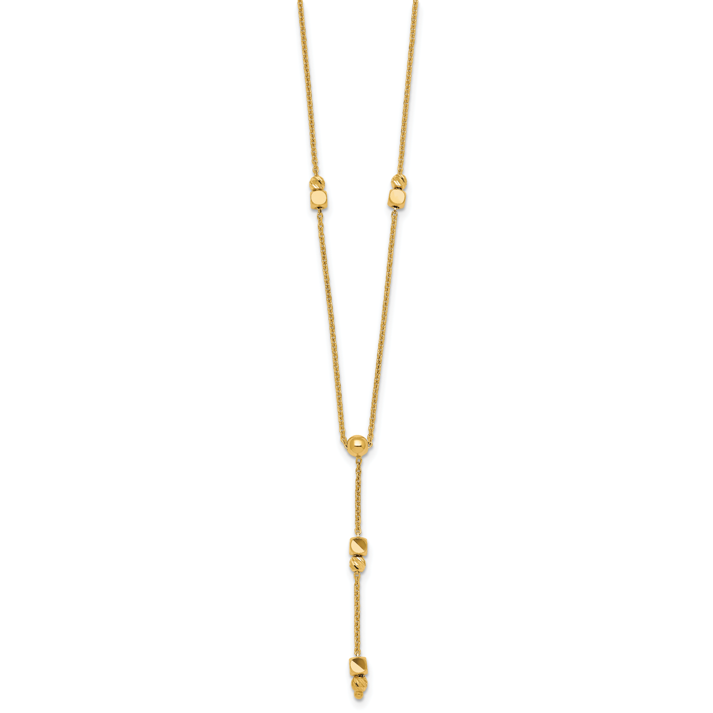 14K Polished Diamond-cut and Beaded 16 Inch Lariat Necklace Plus 2 Inch Extender