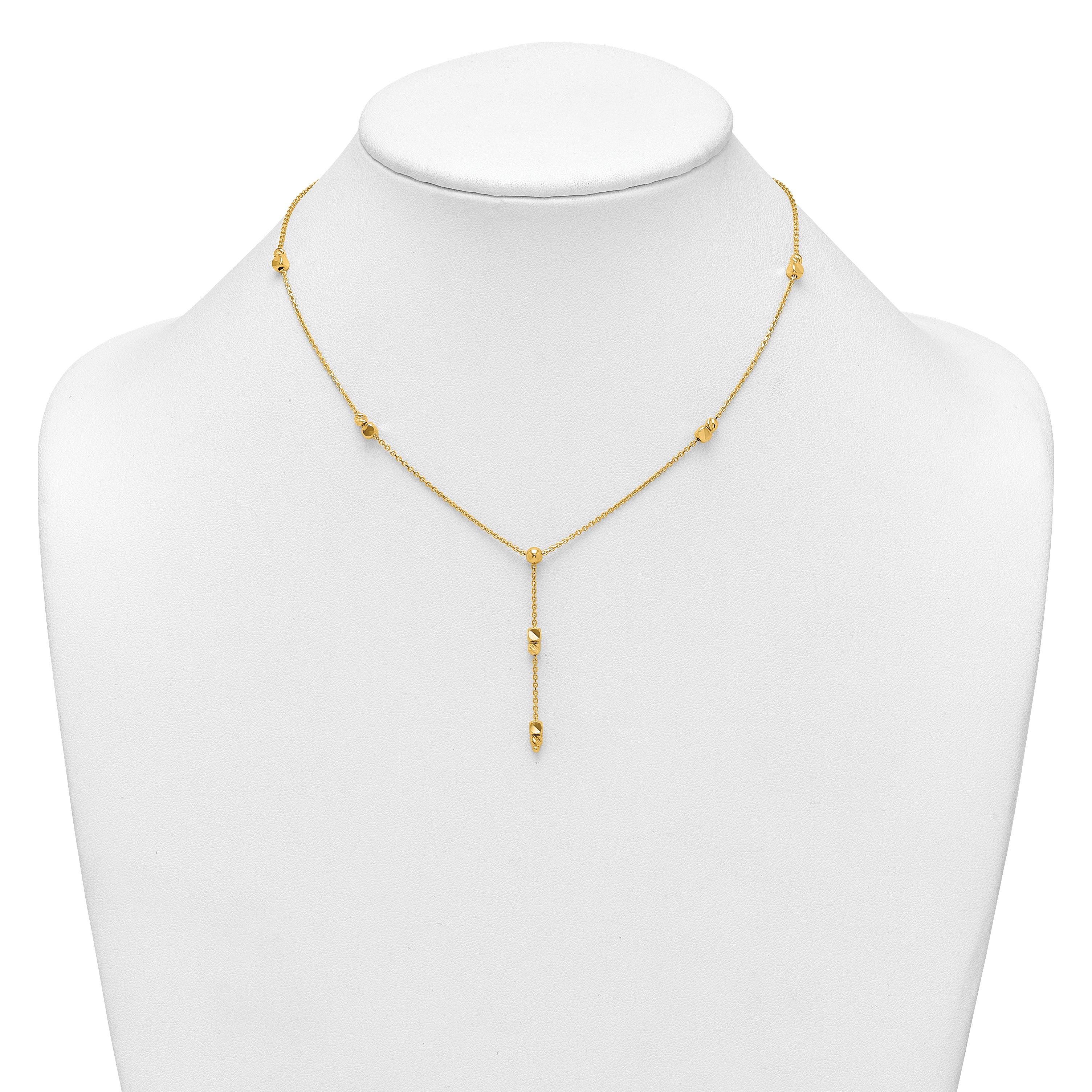 14K Polished Diamond-cut and Beaded 16 Inch Lariat Necklace Plus 2 Inch Extender
