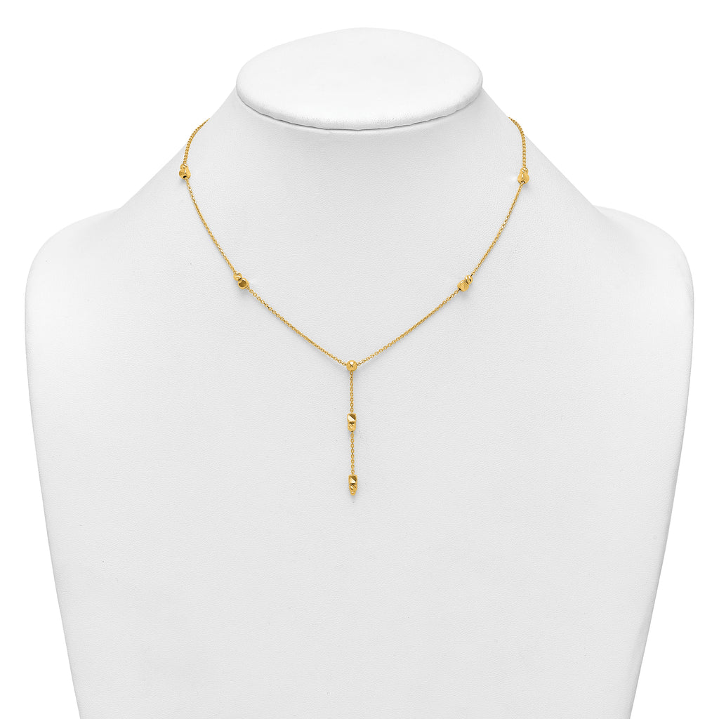 14K Polished Diamond-cut and Beaded 16 Inch Lariat Necklace Plus 2 Inch Extender