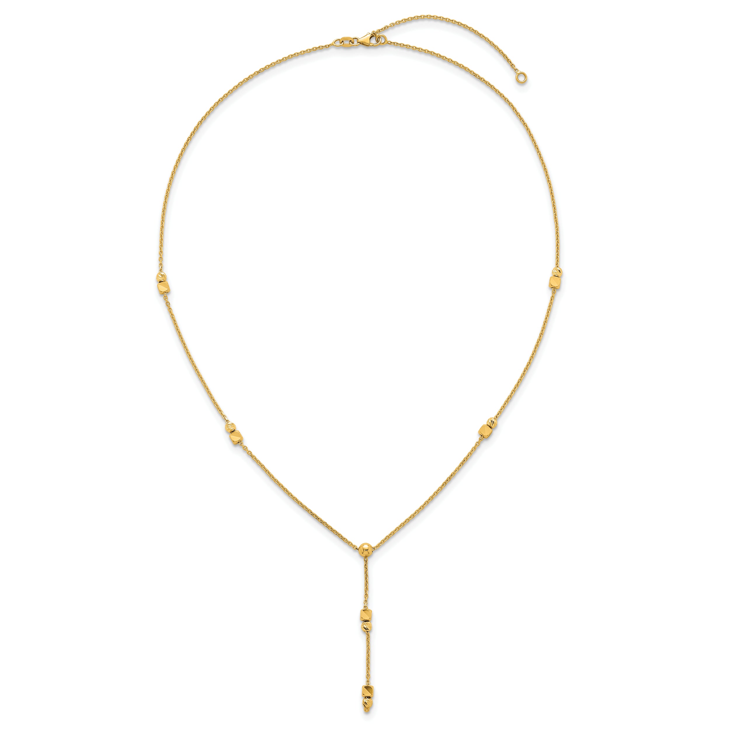 14K Polished Diamond-cut and Beaded 16 Inch Lariat Necklace Plus 2 Inch Extender