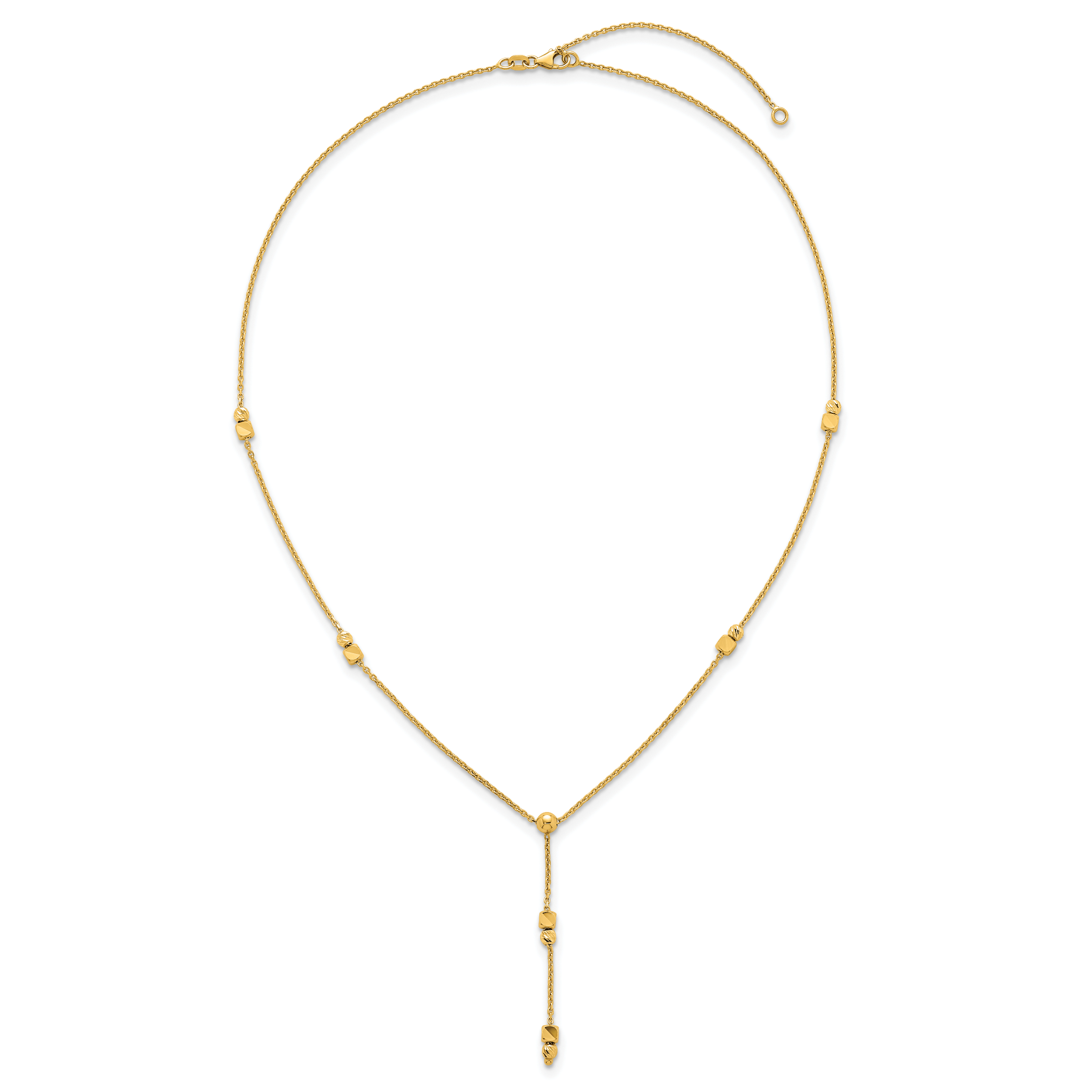 14K Polished Diamond-cut and Beaded 16 Inch Lariat Necklace Plus 2 Inch Extender