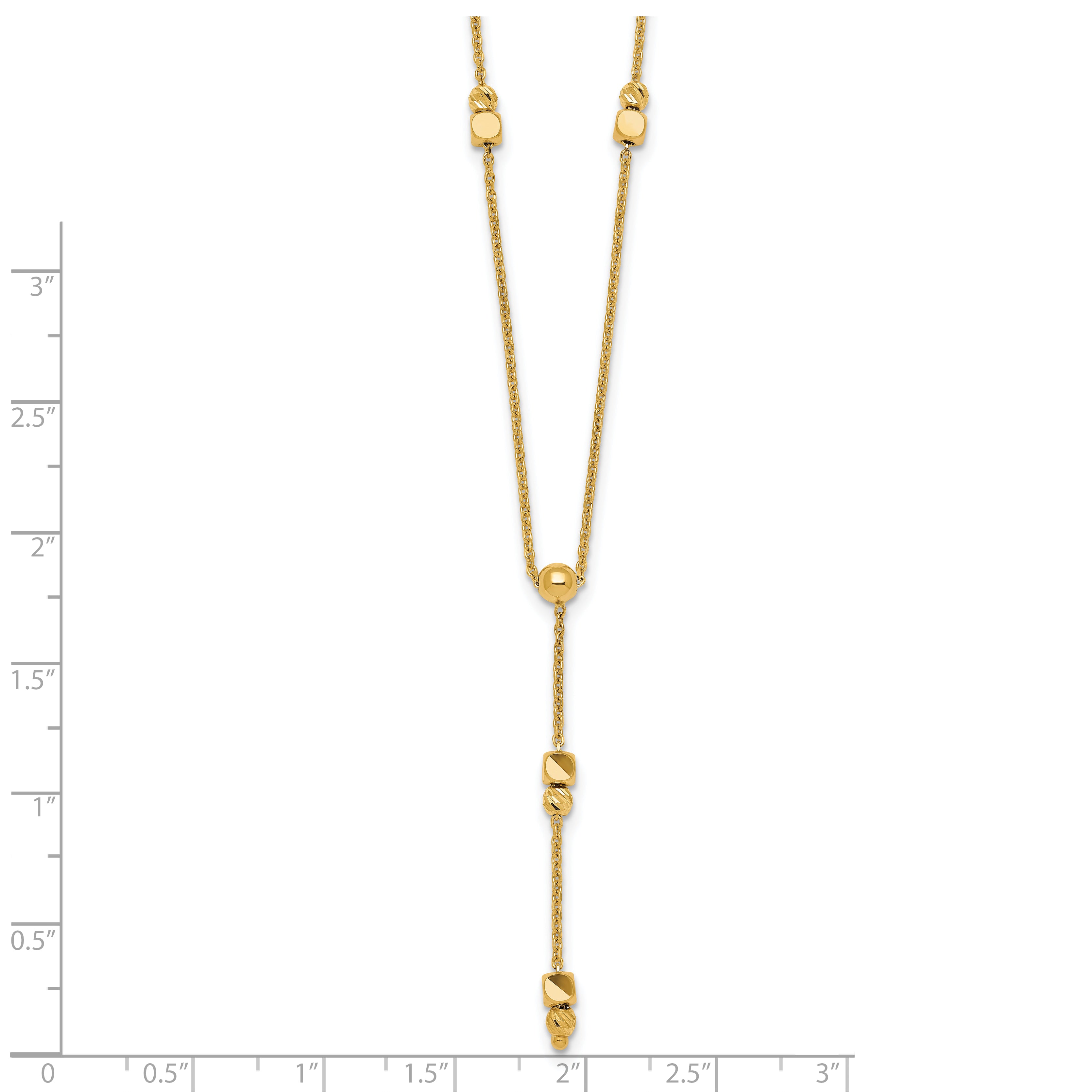 14K Polished Diamond-cut and Beaded 16 Inch Lariat Necklace Plus 2 Inch Extender