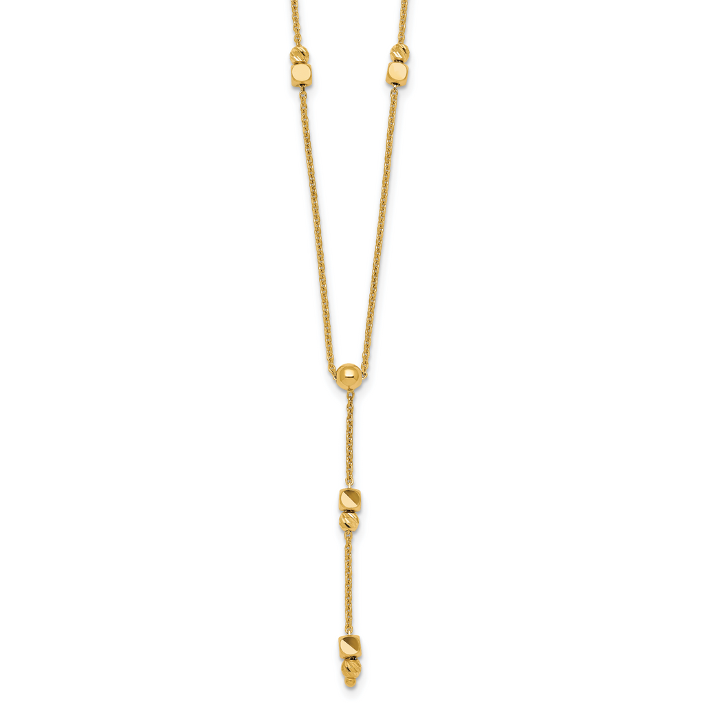 14K Polished Diamond-cut and Beaded 16 Inch Lariat Necklace Plus 2 Inch Extender