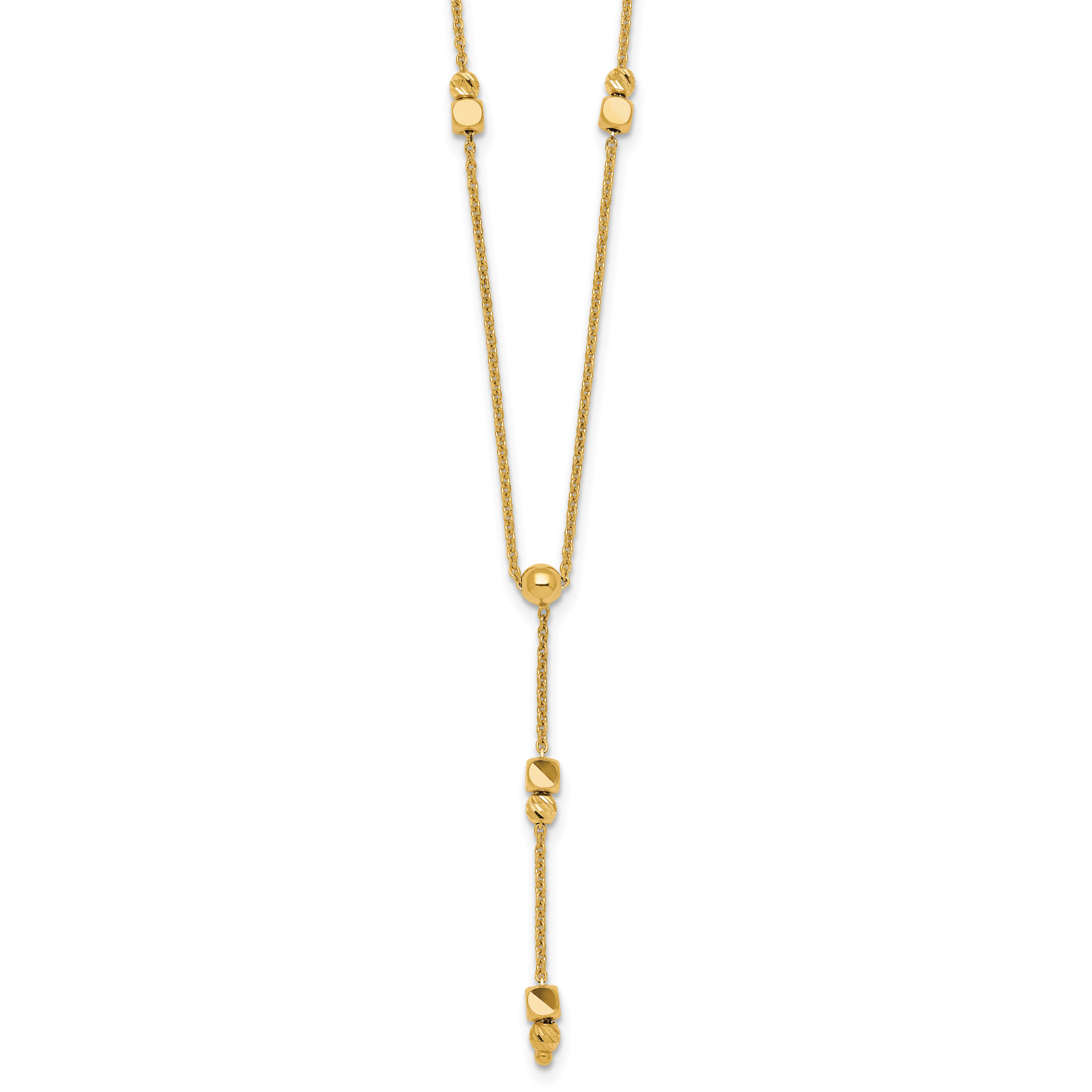 14K Polished Diamond-cut and Beaded 16 Inch Lariat Necklace Plus 2 Inch Extender