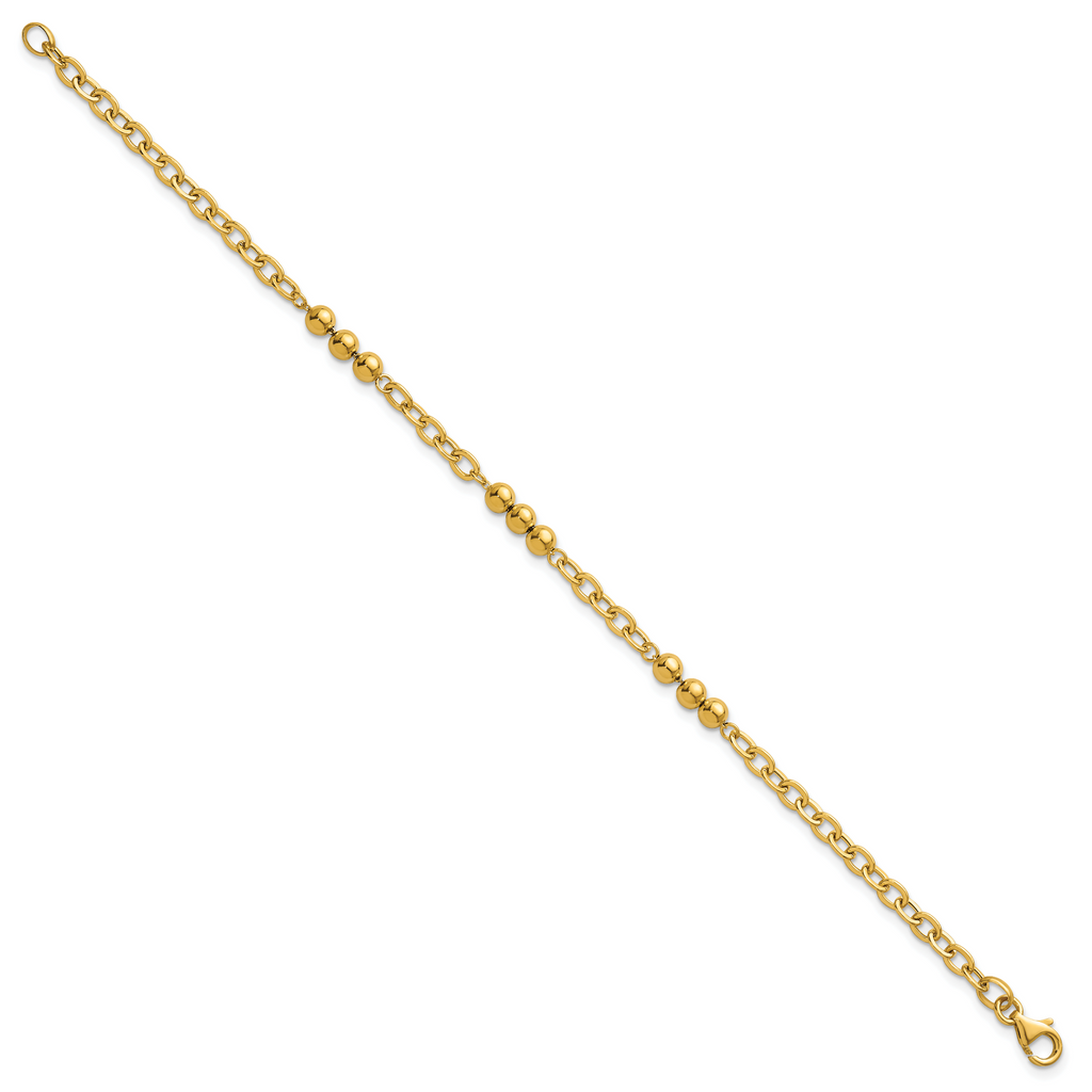14K Polished 3.5mm Fancy Beaded and Cable Link 7.5 inch Bracelet