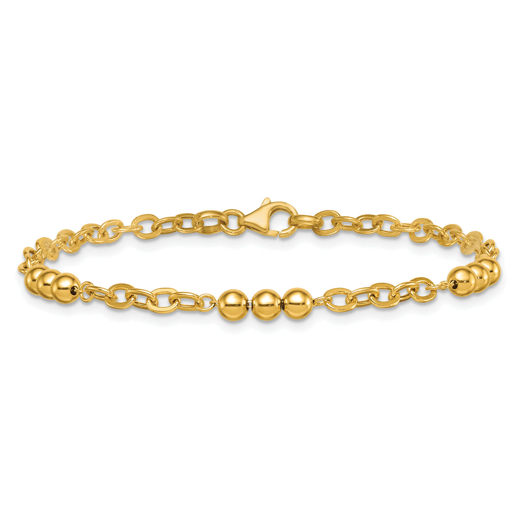 14K Polished 3.5mm Fancy Beaded and Cable Link 7.5 inch Bracelet