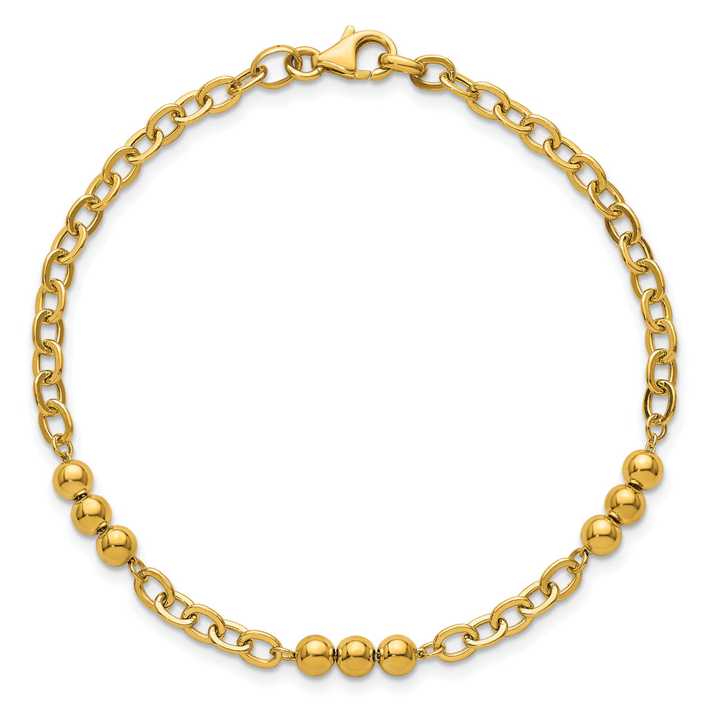 14K Polished 3.5mm Fancy Beaded and Cable Link 7.5 inch Bracelet