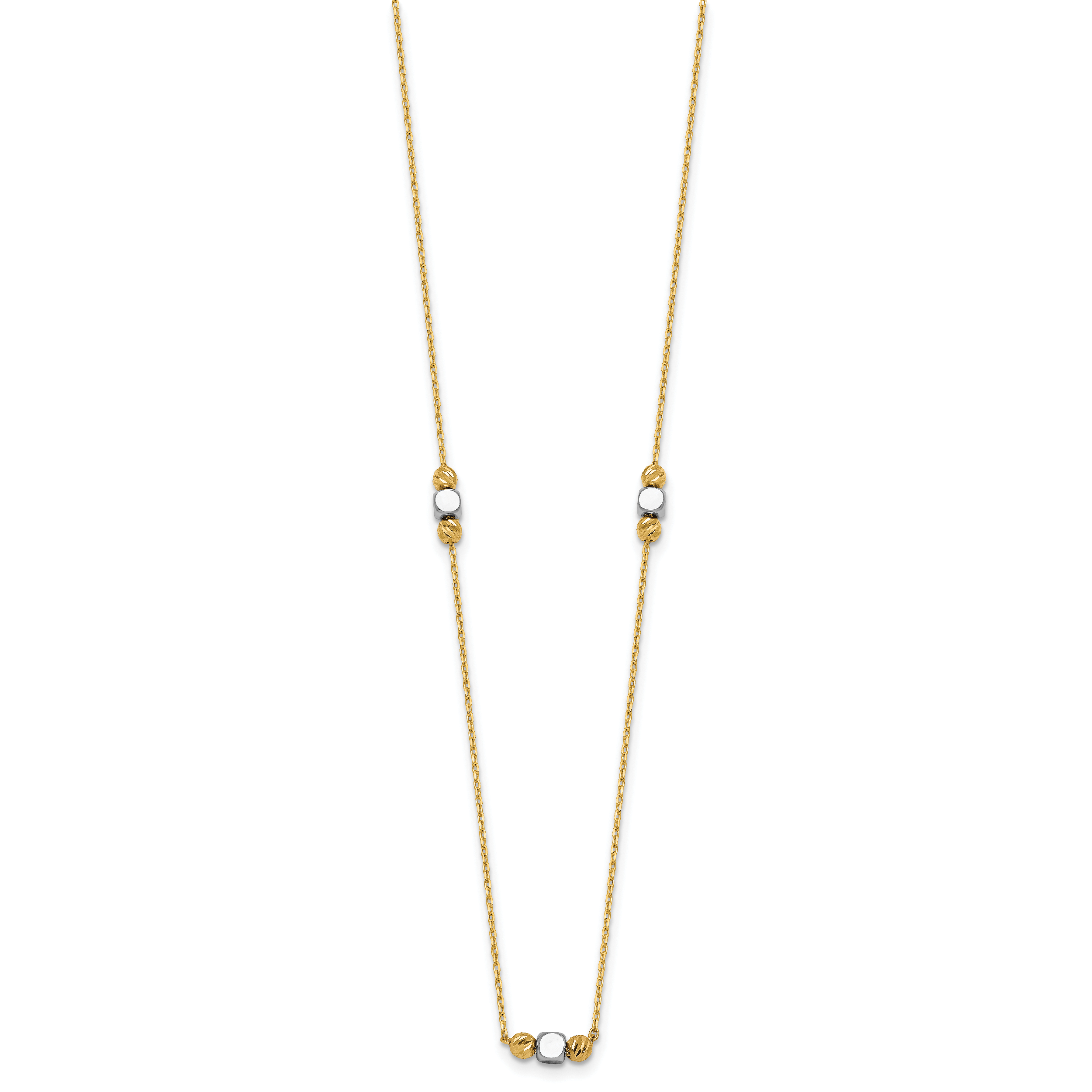 14K Two-Tone Polished Diamond-cut and Square Bead 5-Station 16 inch Necklace Plus 2 inch Extender