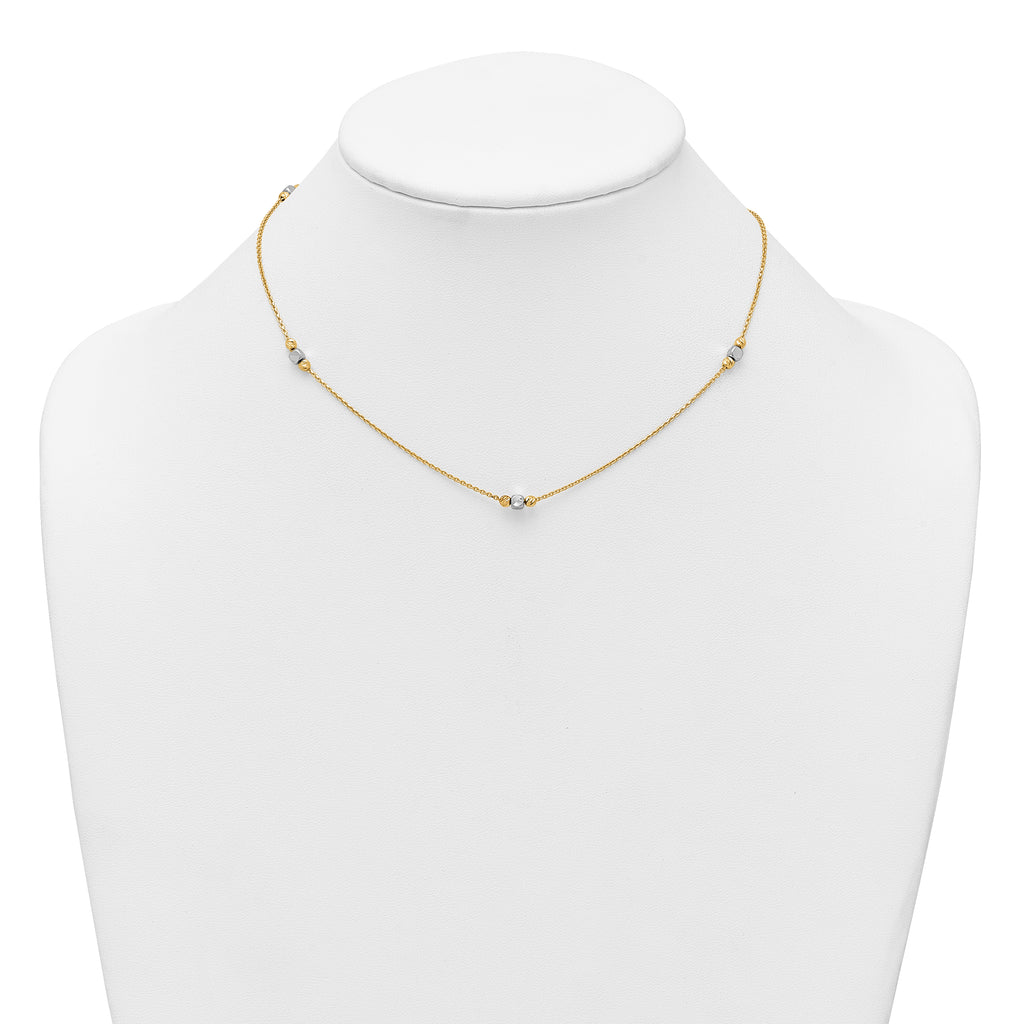 14K Two-Tone Polished Diamond-cut and Square Bead 5-Station 16 inch Necklace Plus 2 inch Extender