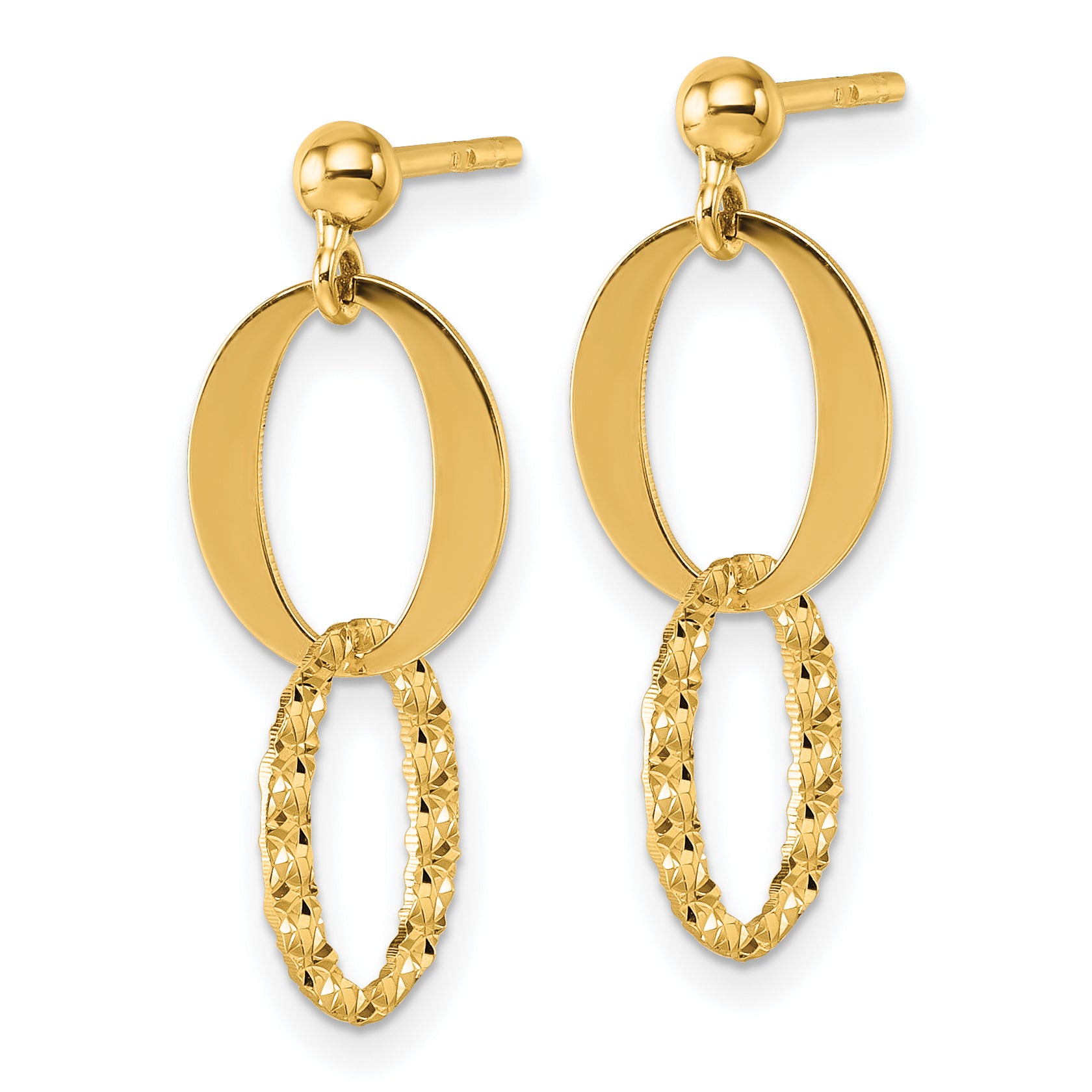 14k Polished and Textured Fancy Oval Link Post Dangle Earrings