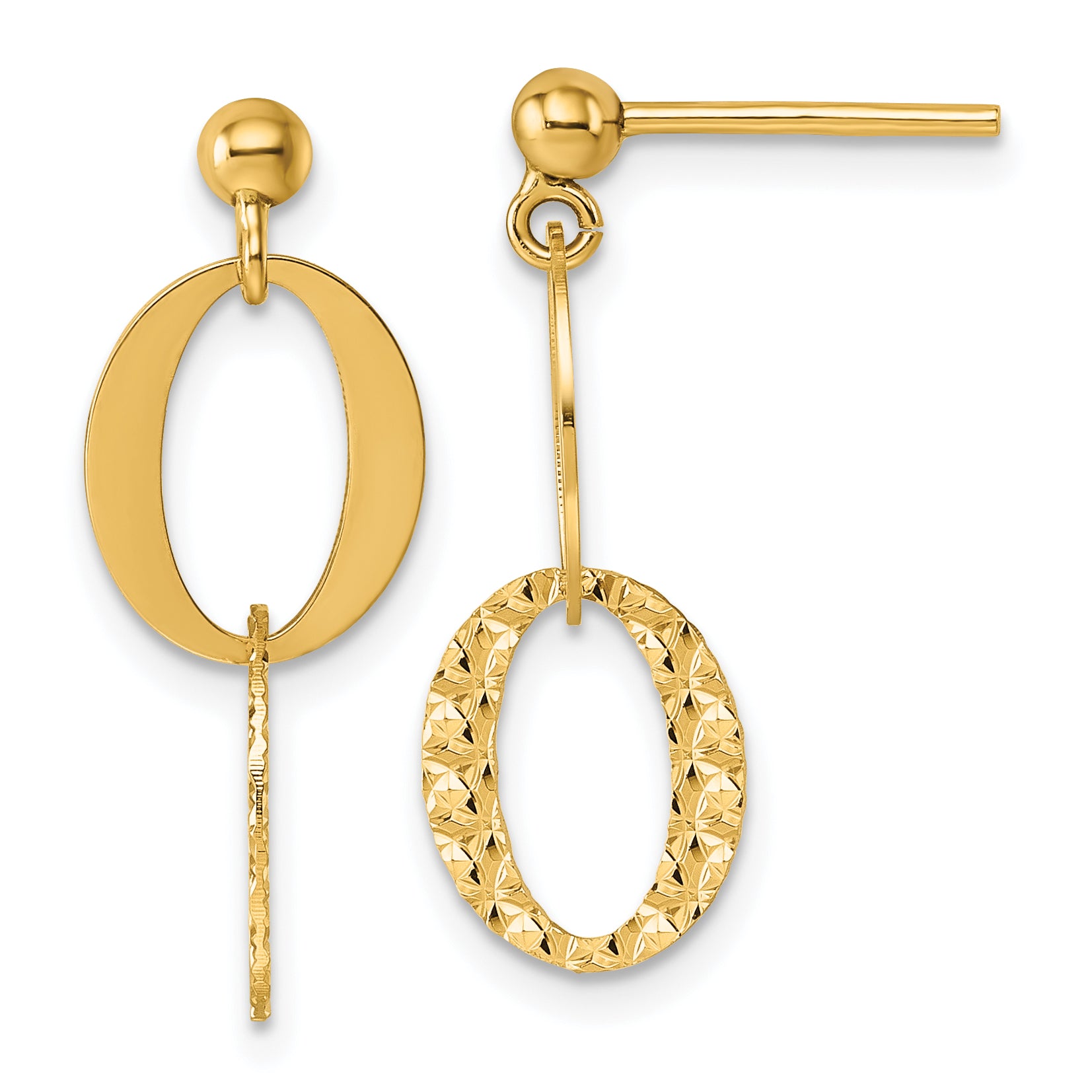 14k Polished and Textured Fancy Oval Link Post Dangle Earrings Main image