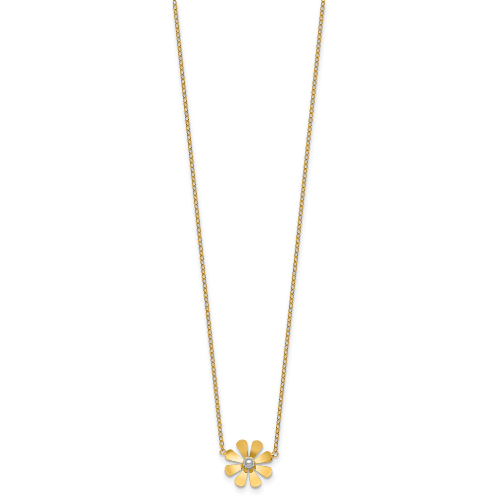14k Polished Daisy with White Rhodium Center 16 inch Necklace with 2 inch Extender