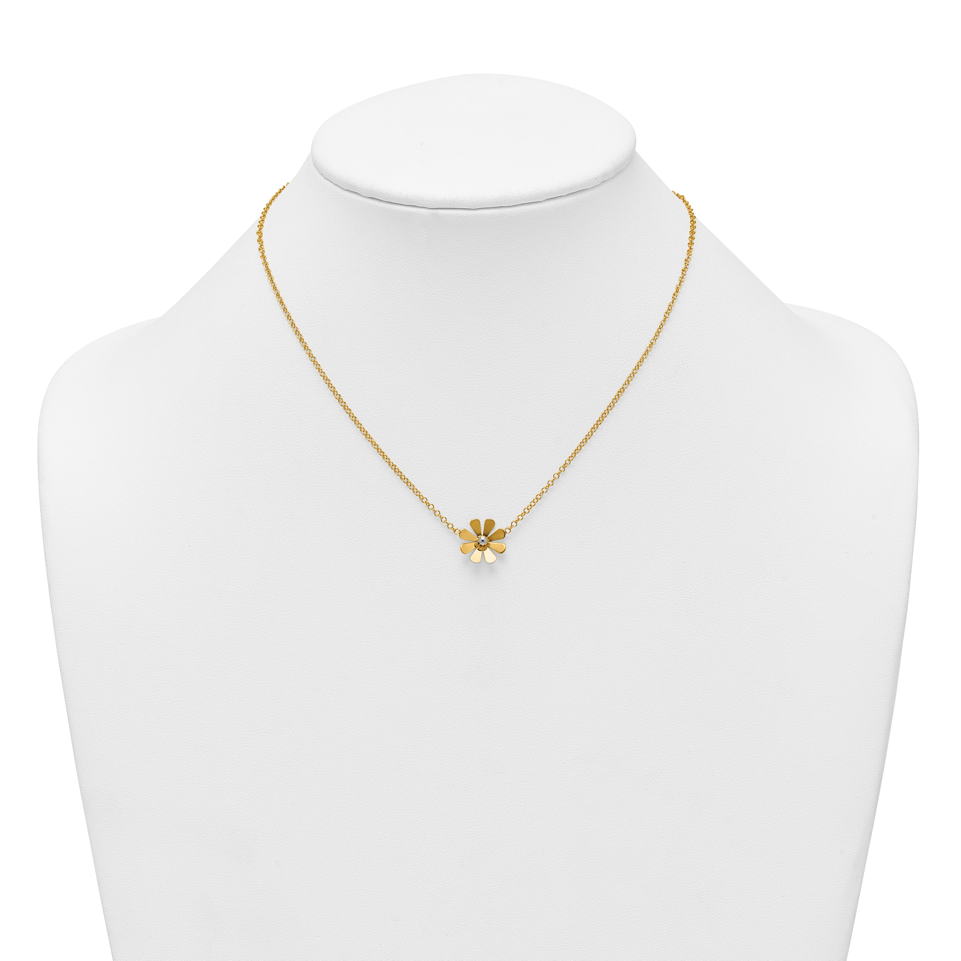 14k Polished Daisy with White Rhodium Center 16 inch Necklace with 2 inch Extender