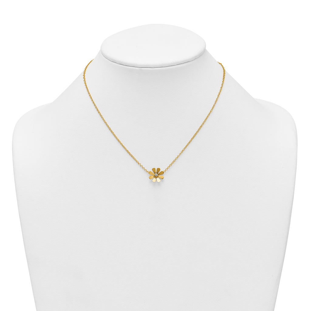 14k Polished Daisy with White Rhodium Center 16 inch Necklace with 2 inch Extender