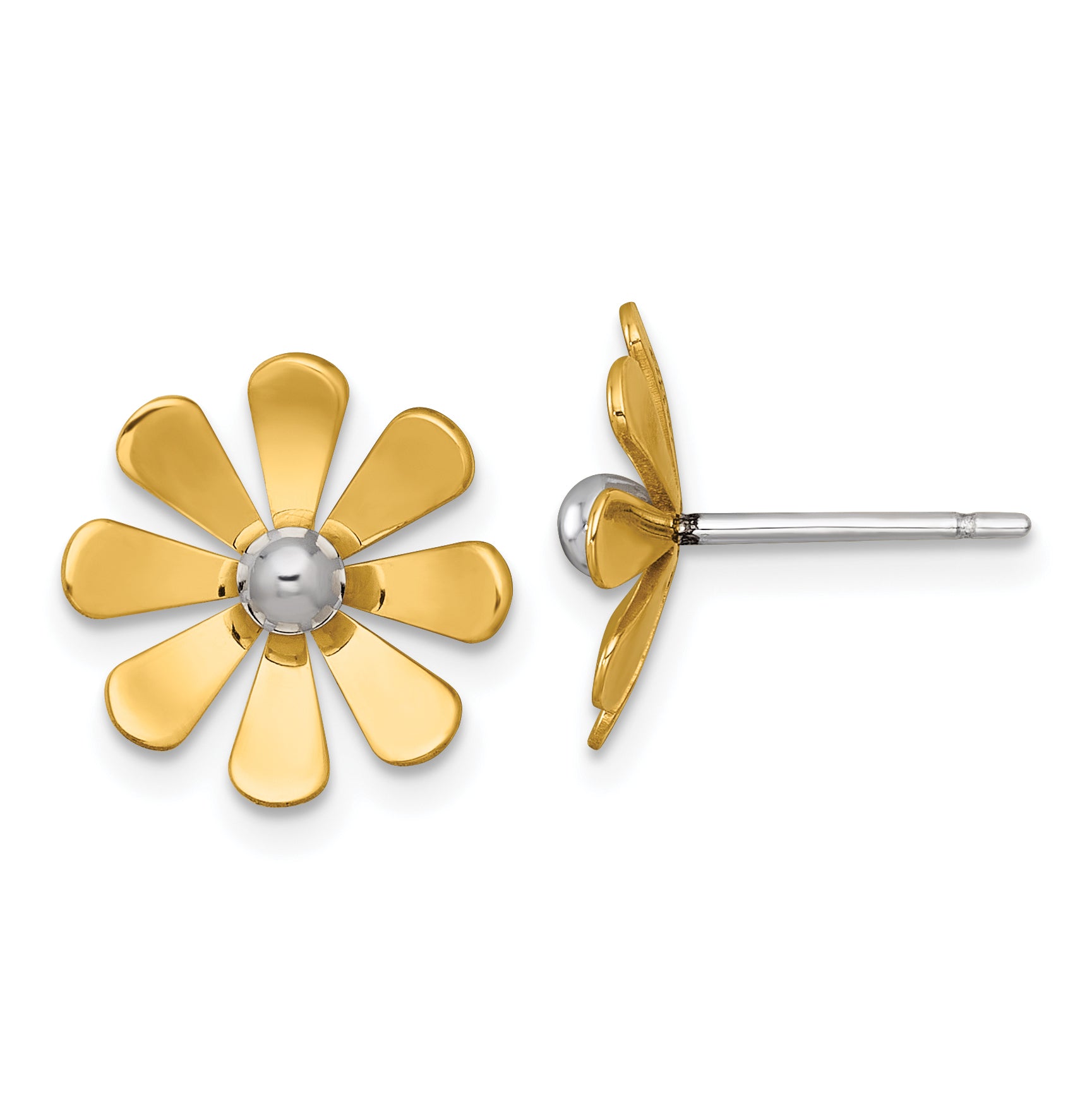 14k Polished Daisy with White Rhodium Center Post Earrings Main image