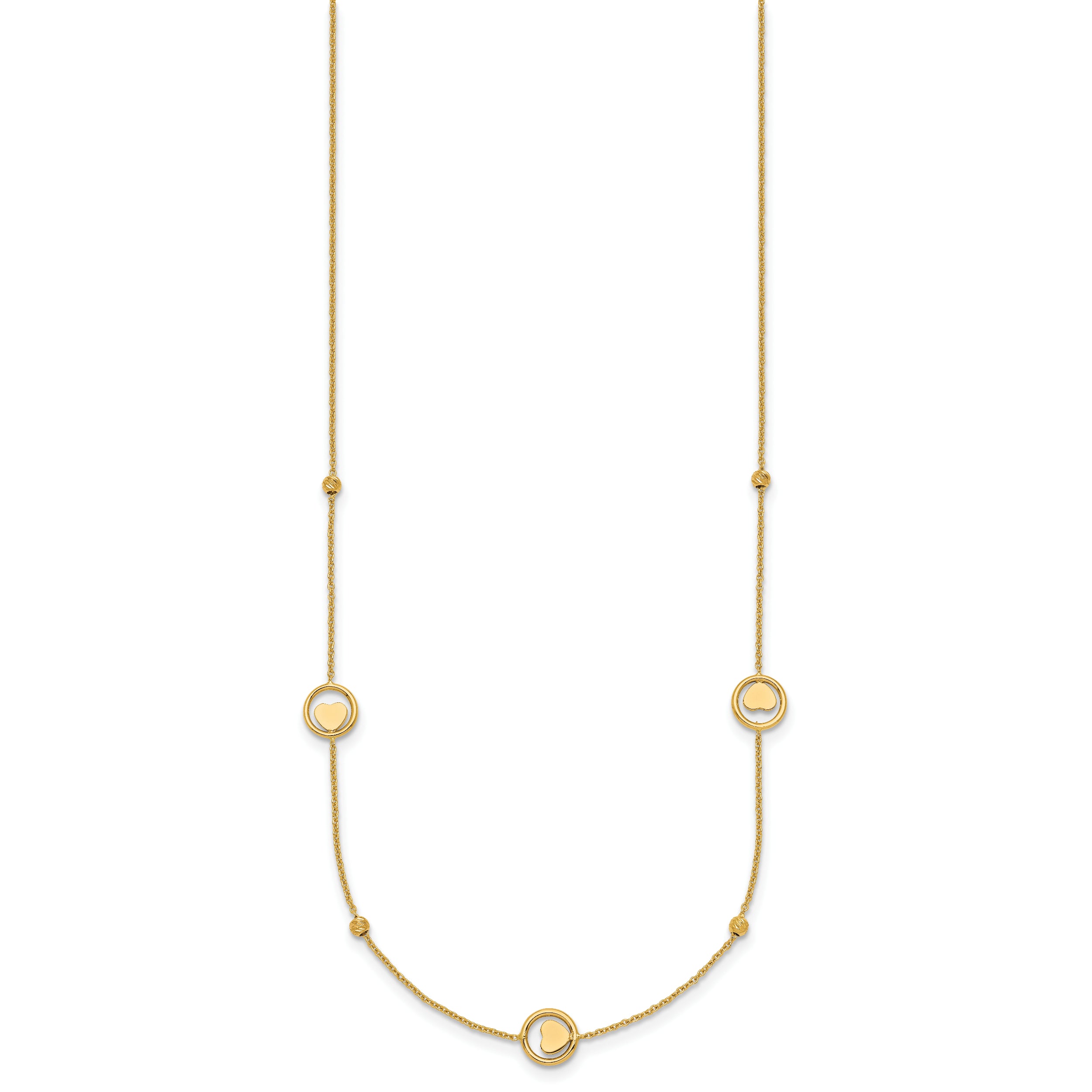 14k Polished Heart in Circle with Diamond-cut Beads 7-Station 16.75 inch Necklace