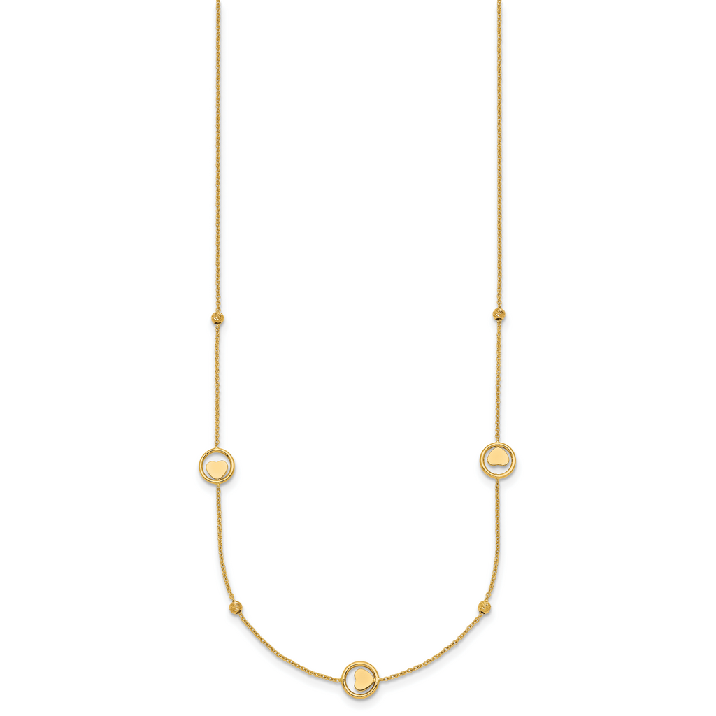 14k Polished Heart in Circle with Diamond-cut Beads 7-Station 16.75 inch Necklace