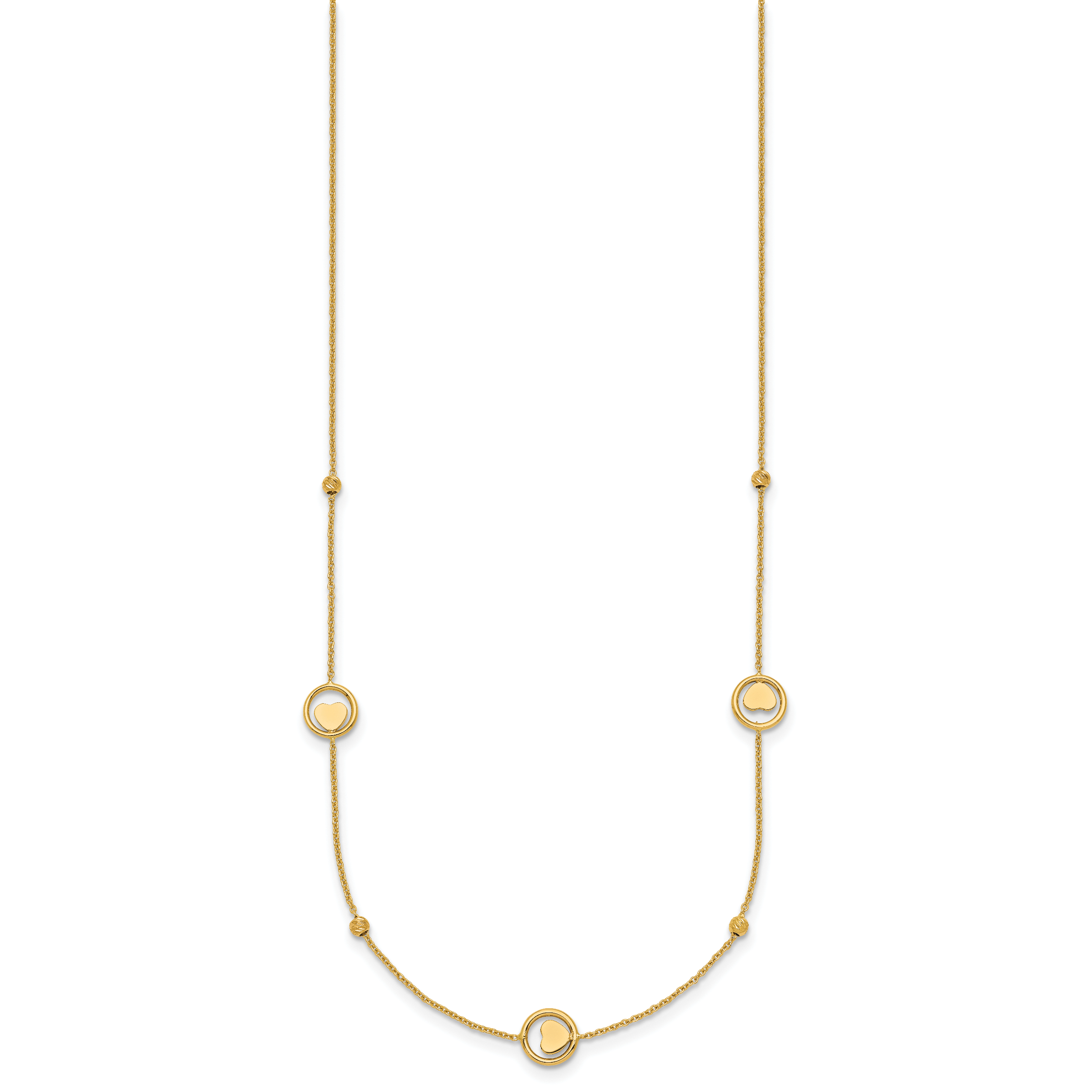 14k Polished Heart in Circle with Diamond-cut Beads 7-Station 16.75 inch Necklace
