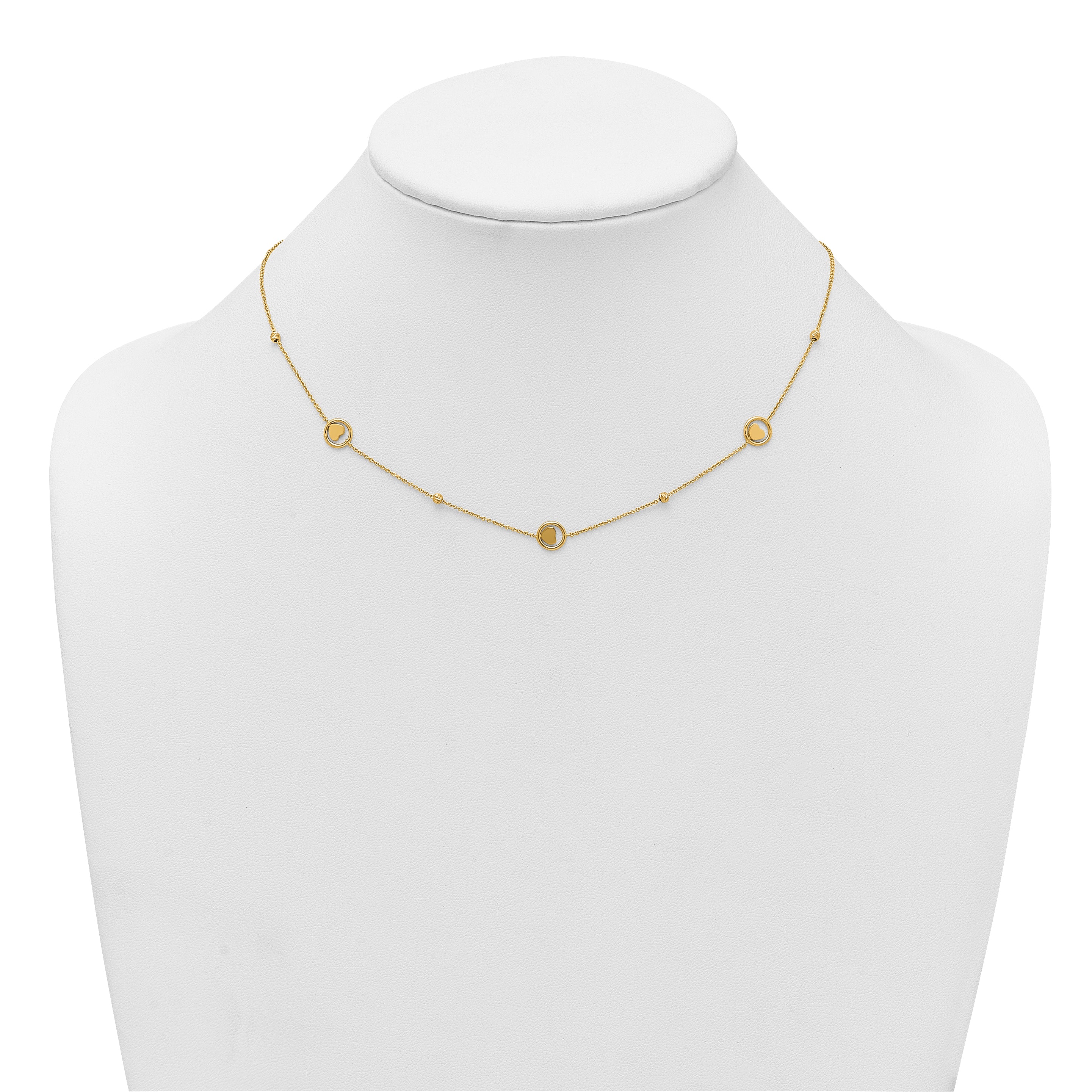 14k Polished Heart in Circle with Diamond-cut Beads 7-Station 16.75 inch Necklace