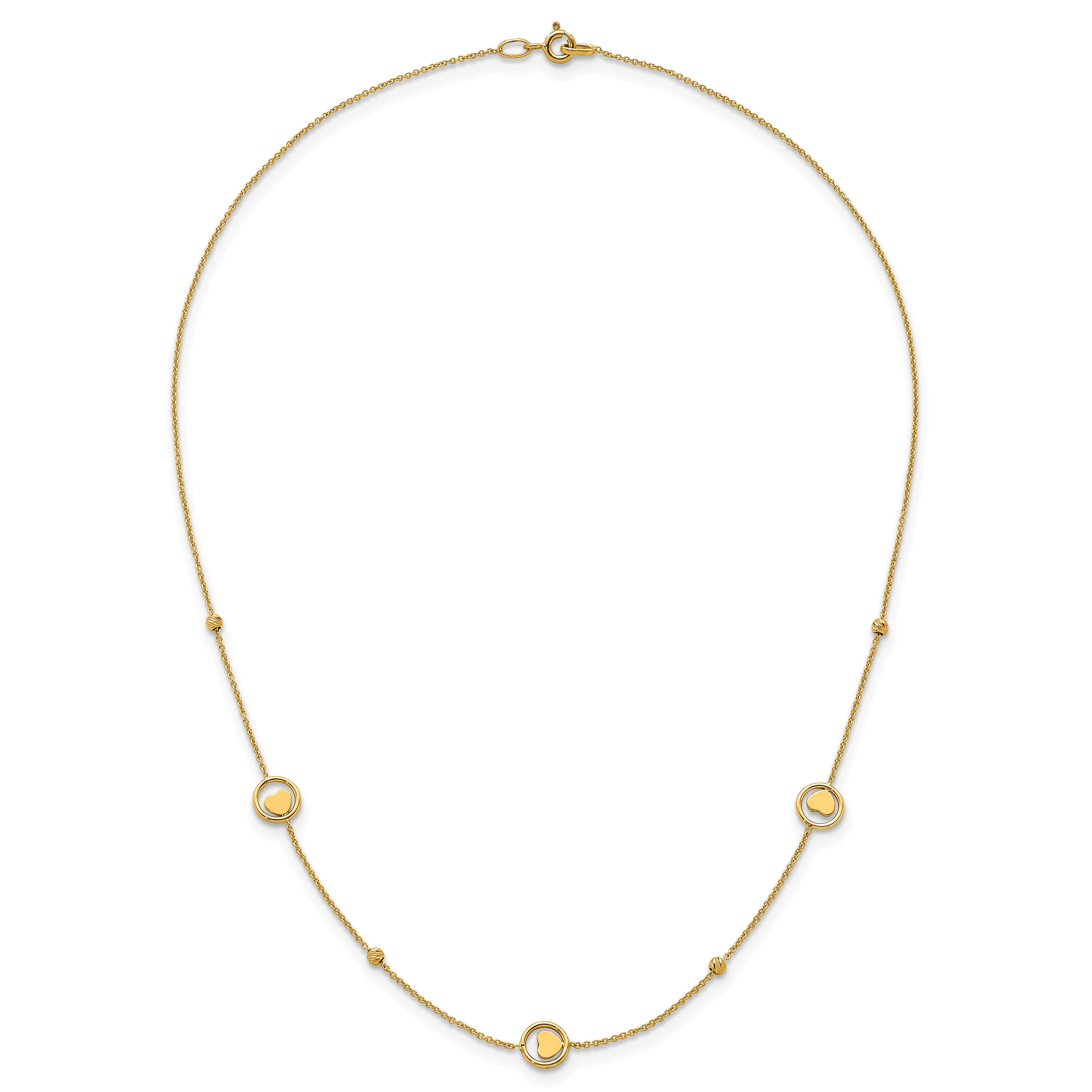 14k Polished Heart in Circle with Diamond-cut Beads 7-Station 16.75 inch Necklace