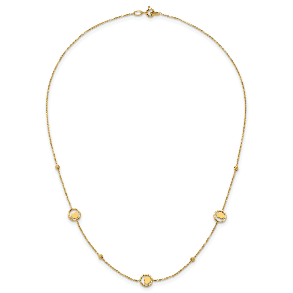 14k Polished Heart in Circle with Diamond-cut Beads 7-Station 16.75 inch Necklace
